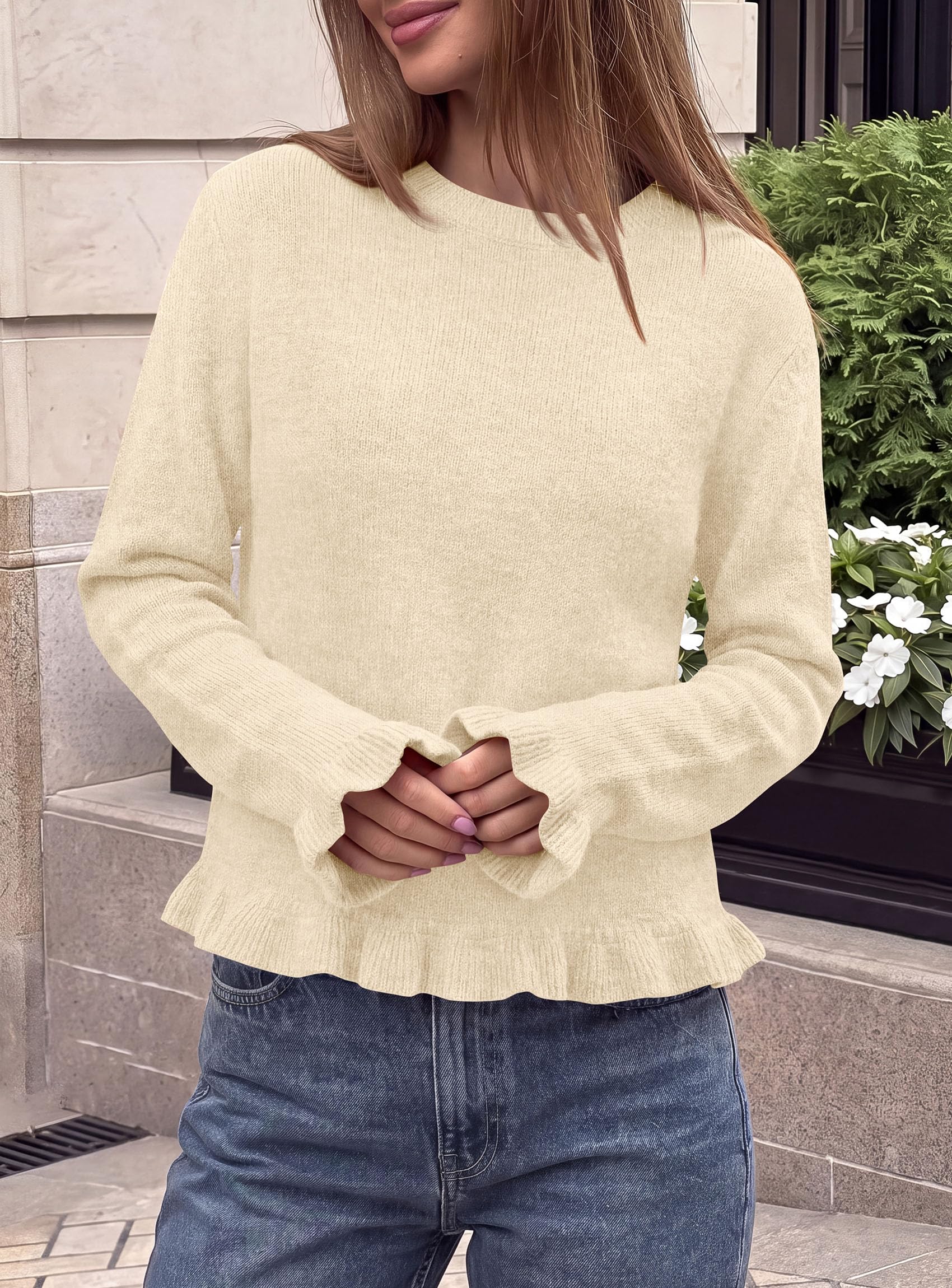 PRETTYGARDEN Women's Ruffle Sweaters Fall Fashion Cozy Knit Pullover Soft Stretchy, Crewneck Long Sleeve, Cute Peplum Tops, Dressy Casual Blouses, Going Out Holiday, Trendy Winter Outfits