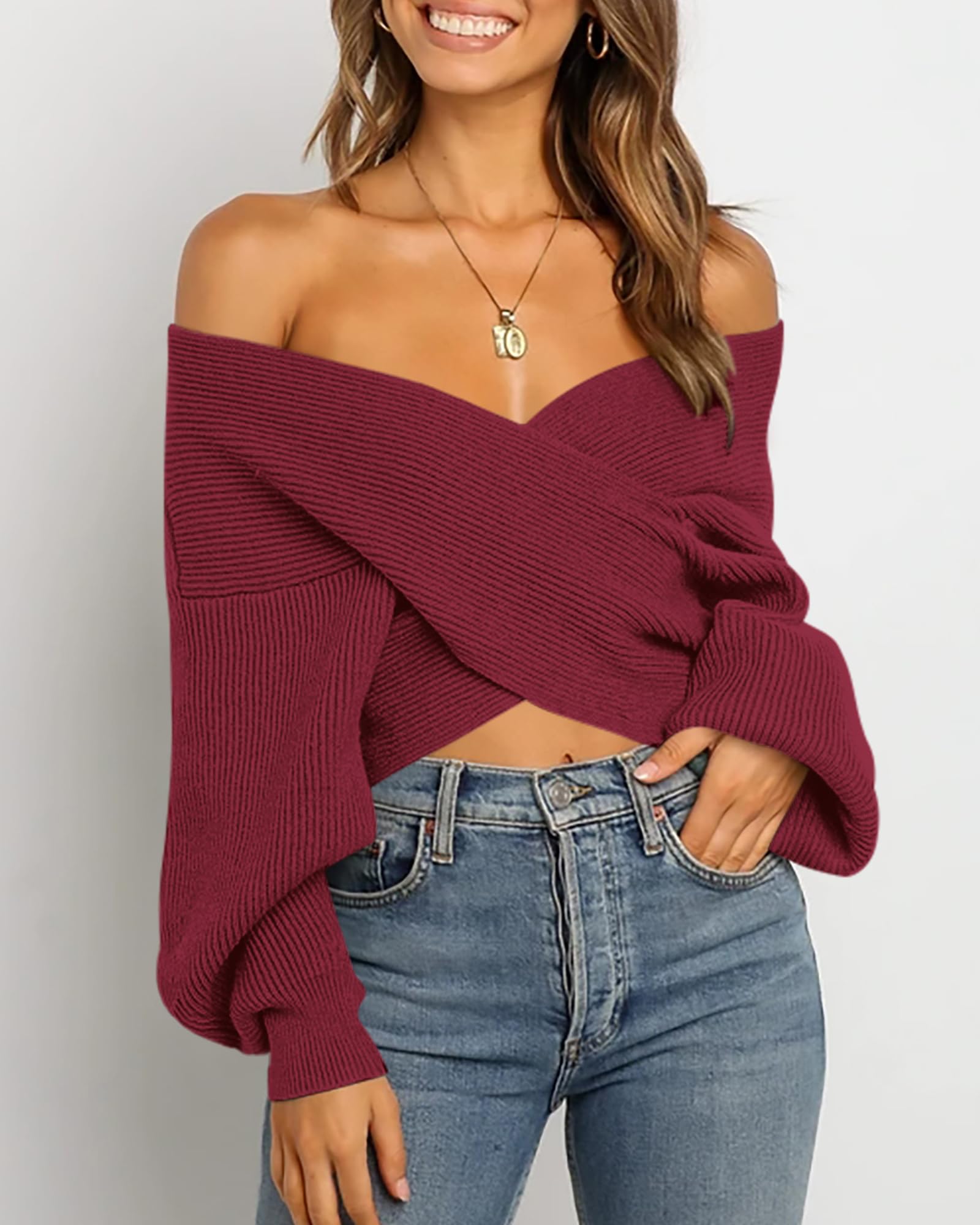 BTFBM Off The Shoulder Sweater for Women Winter Fall Fashion V Neck Long Sleeve Ribbed Knit Wrap Cropped Sweaters