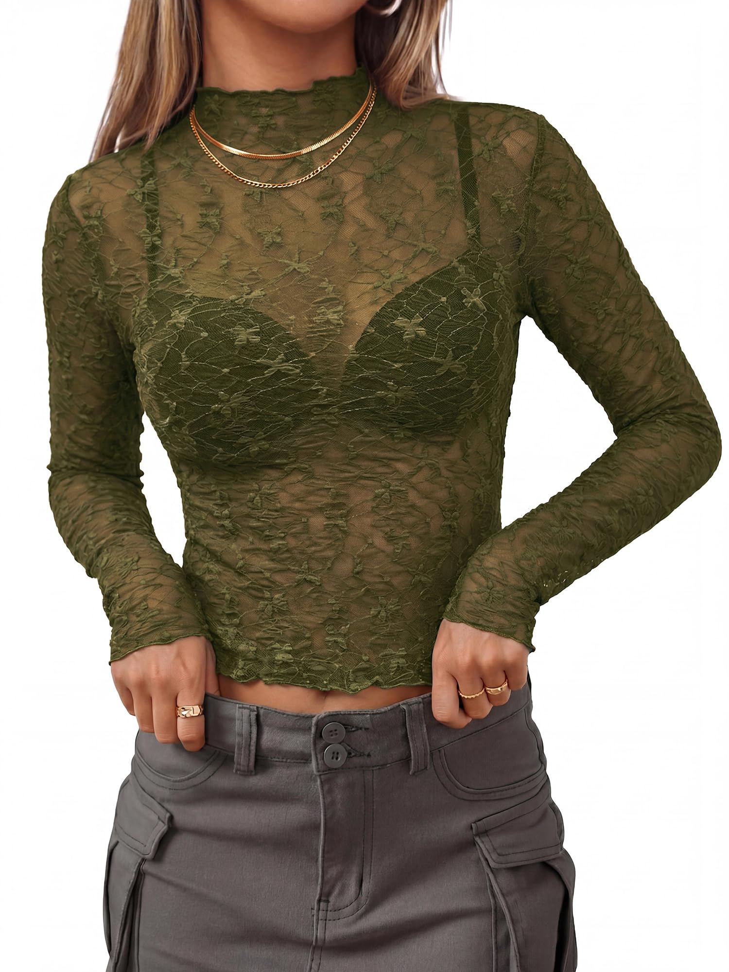 BTFBM Womens Tops Mesh Lace Long Sleeve Tops for Women Spring Fall Sheer See Through Tight Party Club Outfits