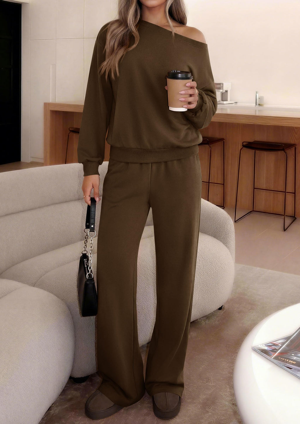 PRETTYGARDEN Womens 2 Piece Casual Matching Lounge Sets Fashion Off the Shoulder Sweatshirt, Wide Leg Pants with Pockets, Comfy Airport Travel Outfit,Trendy Fall Set