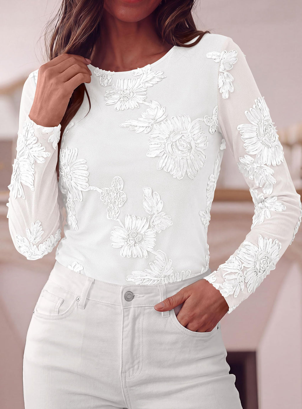 PRETTYGARDEN Women's Mesh Long Sleeve Embroidered Floral Tops Fall Blouses，Slim Fitted, 3D Flower, Double Lined, Dressy Casual Spring Shirts, Going Out Holiday Party Outfits, Trendy Travel Clothes