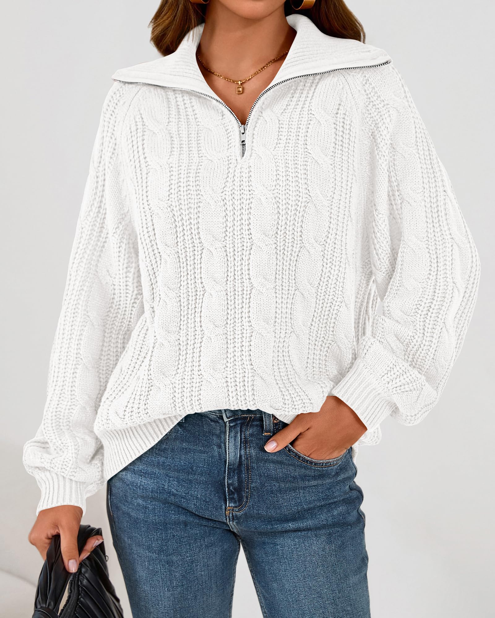BTFBM Sweaters for Women Fall Fashion Loose Quarter Zip Pullover Collared Long Sleeve Cable Knit Winter Clothes