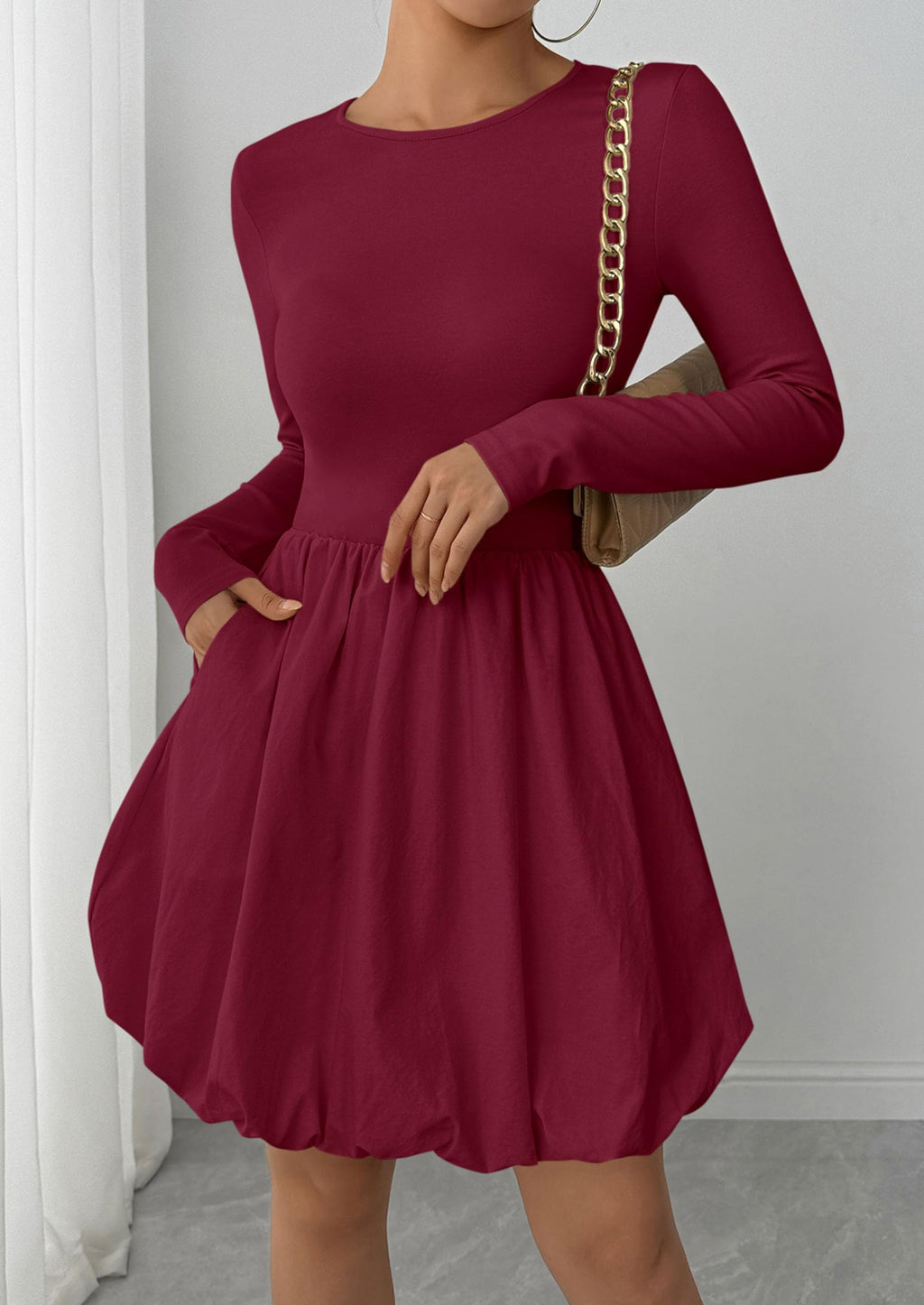 PRETTYGARDEN Fall Dresses for Women Casual Long Sleeve Bubble Cute Crew Neck A Line Mini Short Dress with Pockets