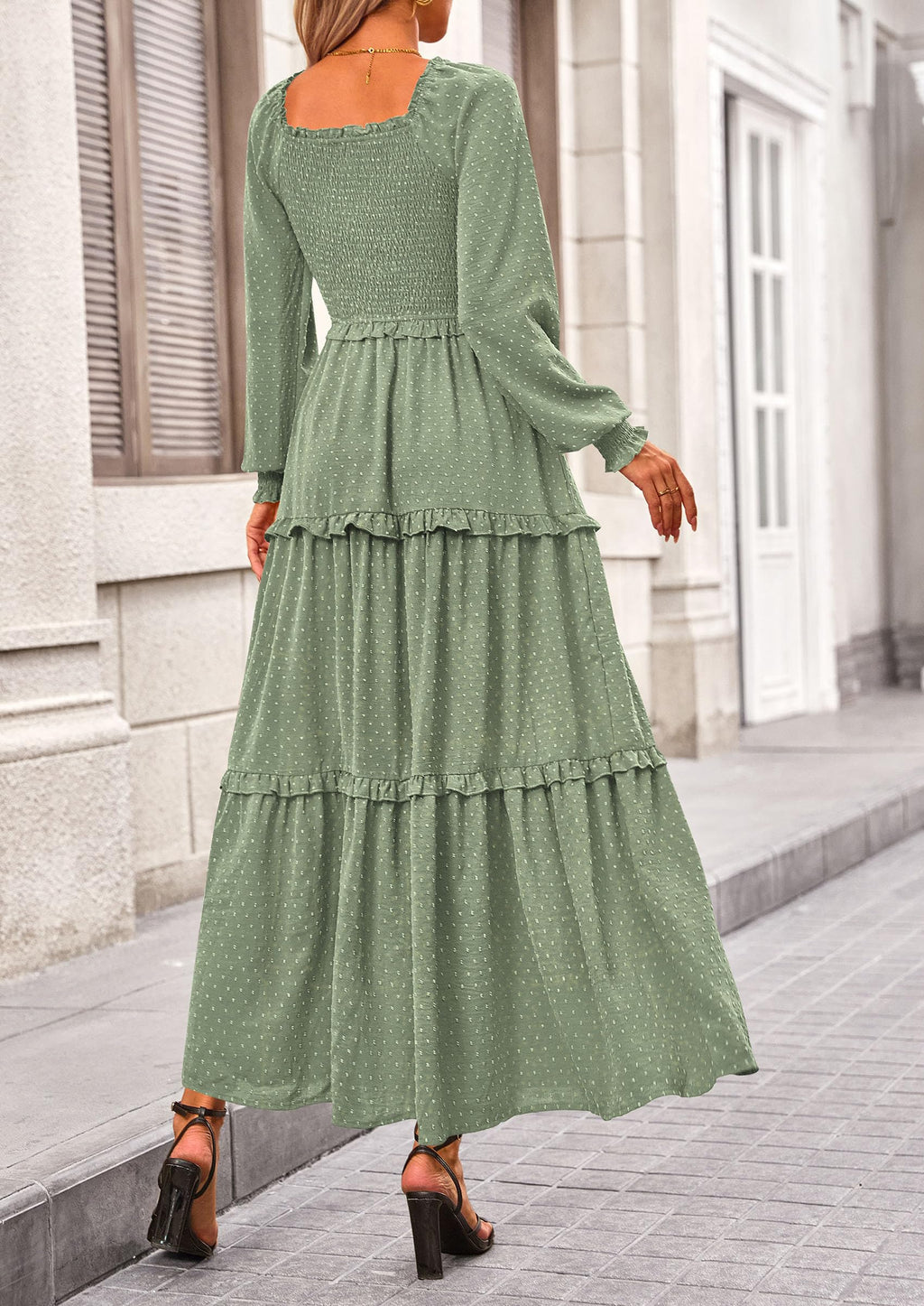 PRETTYGARDEN Fall Dresses for Women Long Sleeve Smocked Square Neck Swiss Dot Tiered Flowy Wedding Guest Maxi Dress