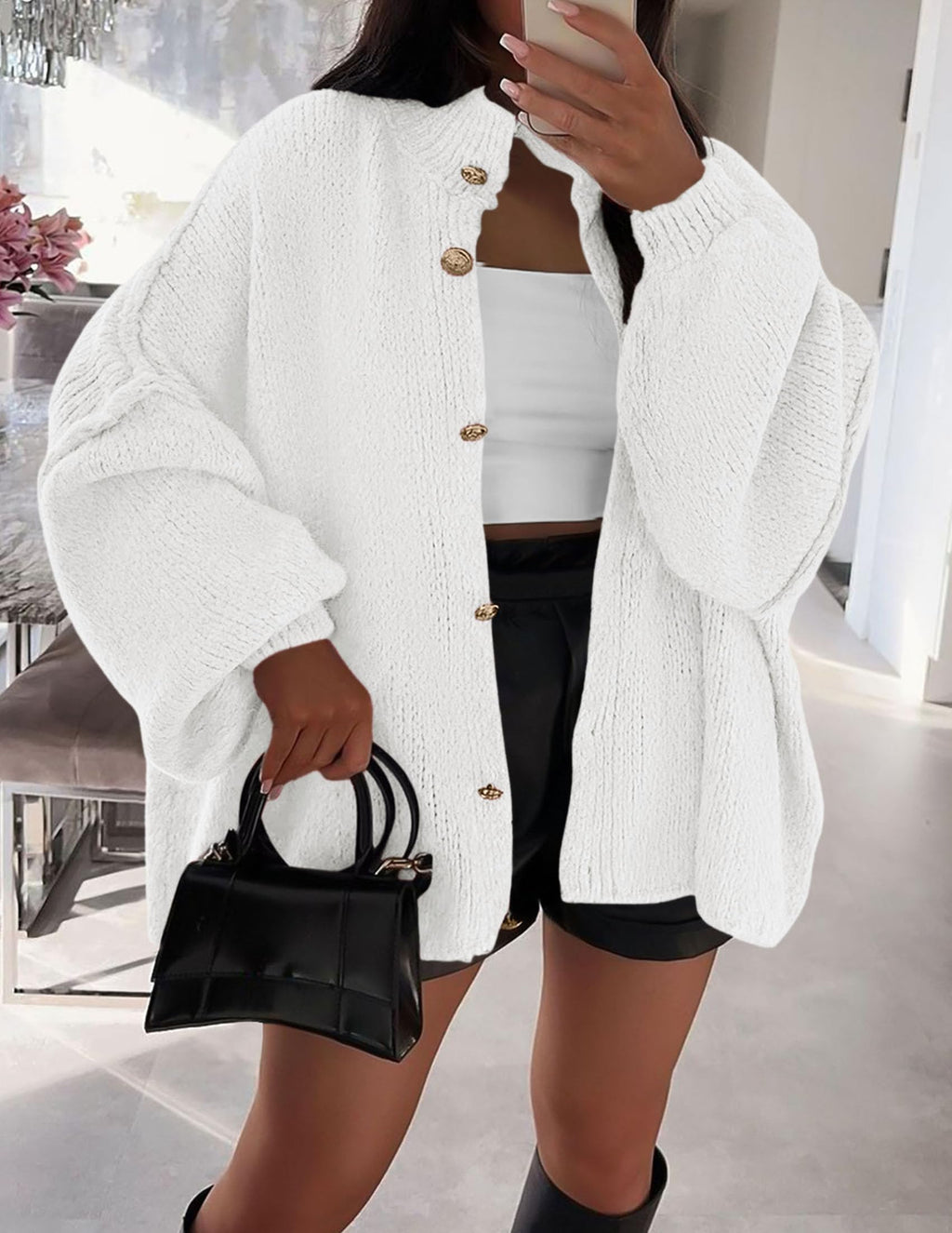 PRETTYGARDEN Women's Winter Button Down Cardigan Sweaters Mock Neck Lantern Long Sleeve Chunky Knit Jacket Trendy Outerwear