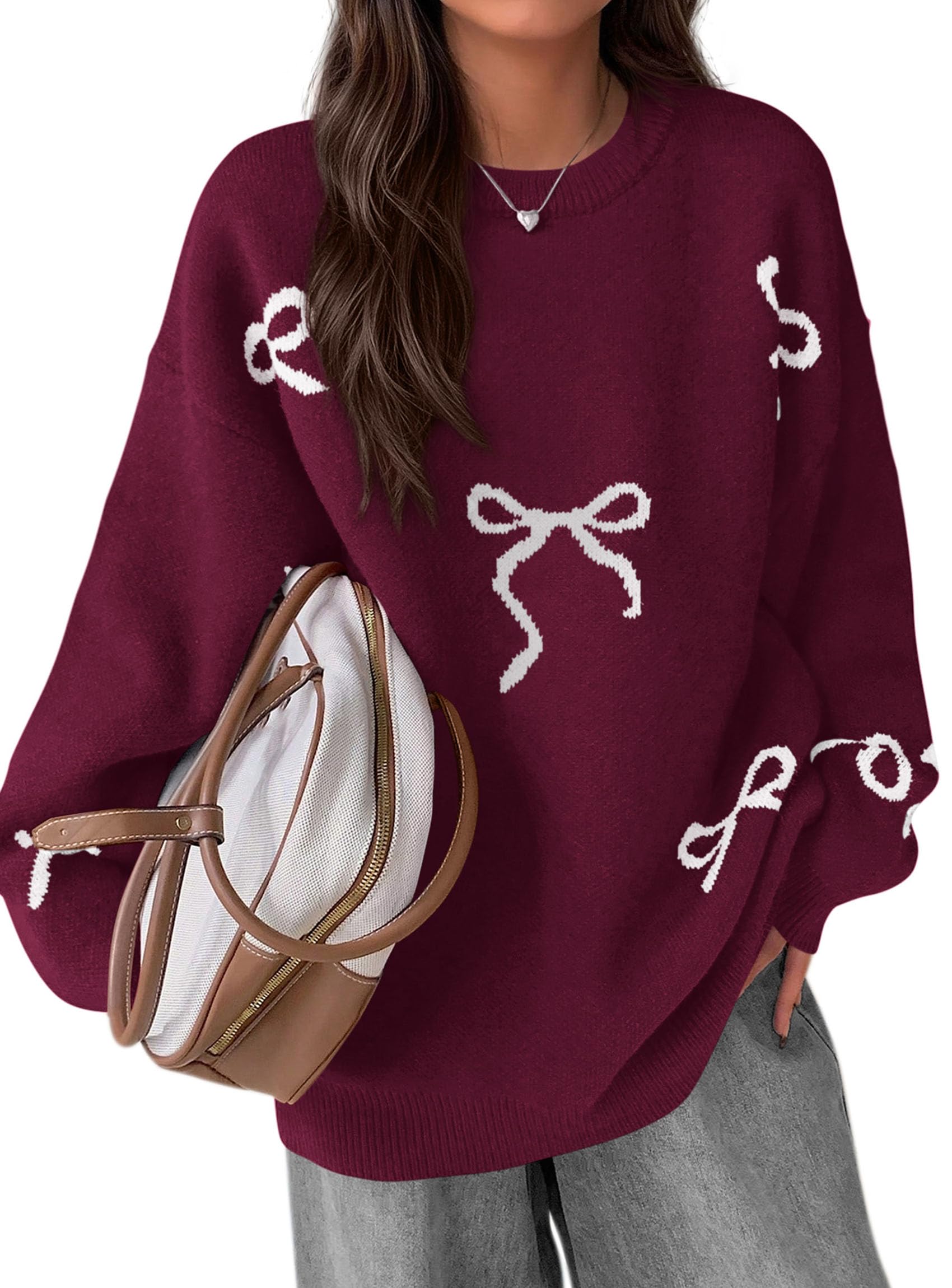 PRETTYGARDEN Fall Long Sleeve Pullover Sweaters for Women Trendy Crewneck Casual Cute Bow Chunky Knit Oversized Sweater