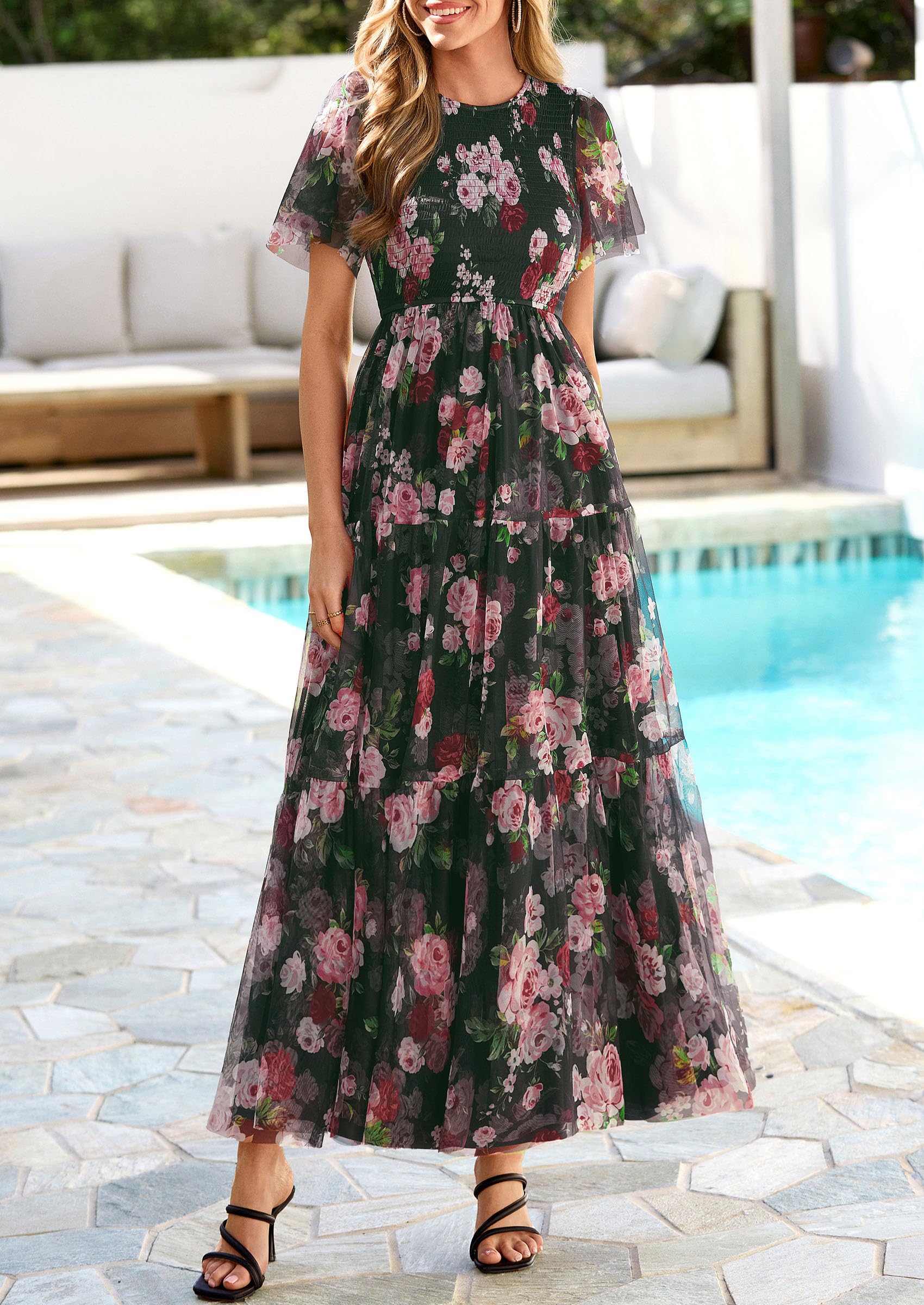 PRETTYGARDEN Tulle Floral Dress Women Summer Wedding Guest  Spring Short Sleeve Maxi Smocked Flowy Beach Party Dresses