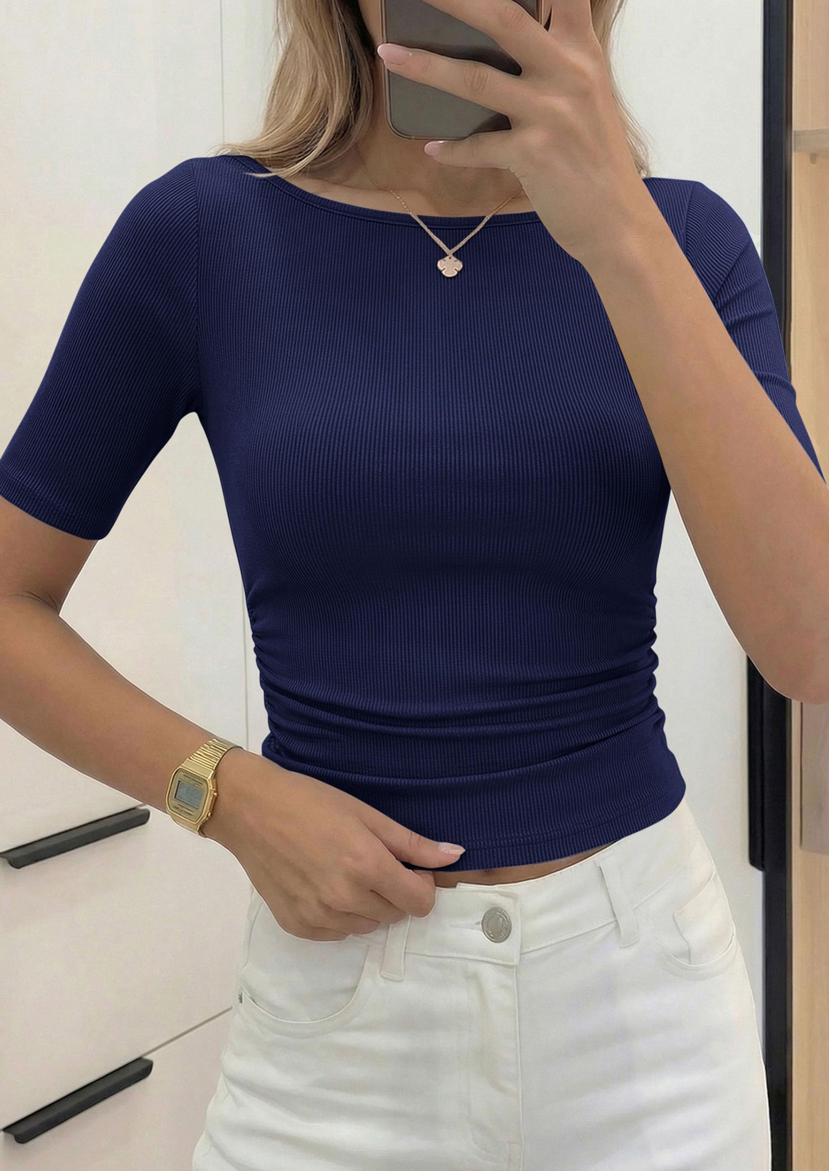 PRETTYGARDEN Womens Summer Short Sleeve Tops Boat Neck Ribbed Knit Slim Fit T Shirt Casual Basic Top Spring Clothes