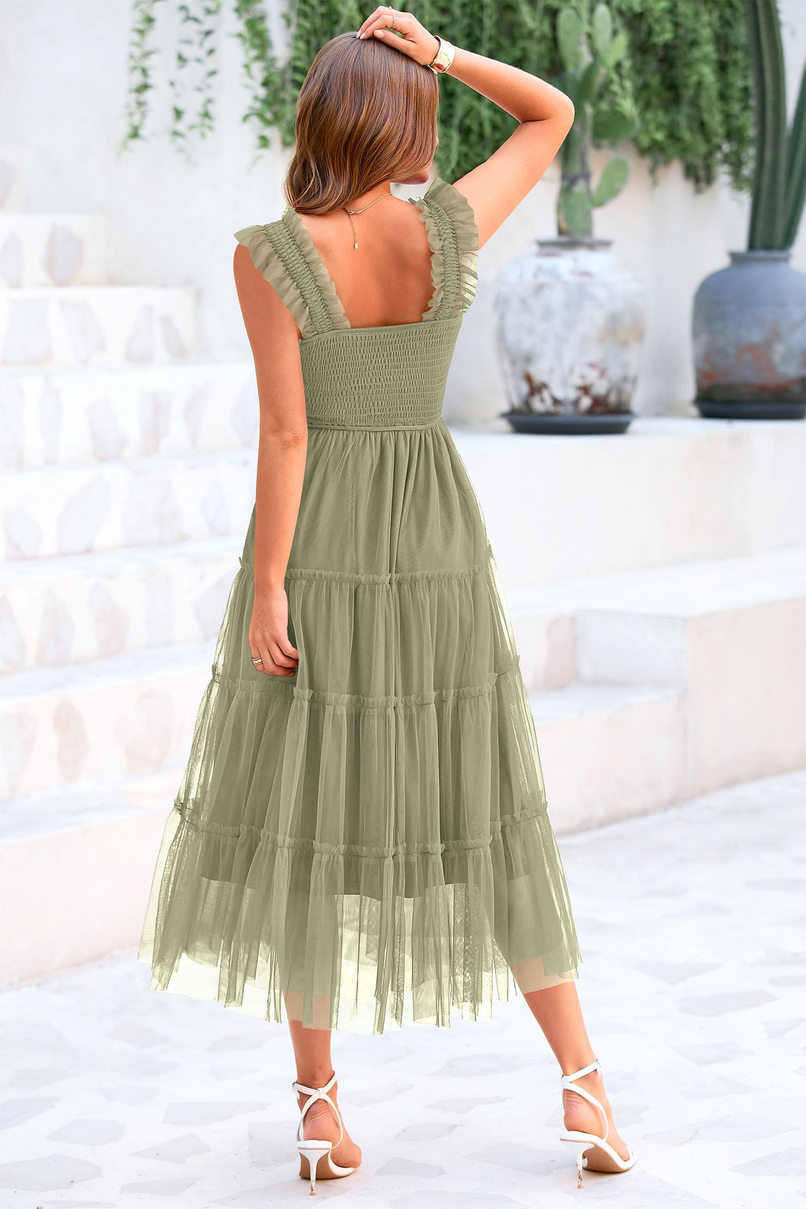 PRETTYGARDEN Women's Summer Tulle Midi Dress Sleeveless Smocked Ruffle Flowy Mesh Dresses Party Wedding Guest Sundress