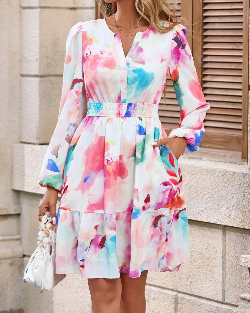 BTFBM Spring Dresses for Women Mini Long Sleeve Elastic Waist Summer Vacation Outfits Floral Wedding Guest Dress