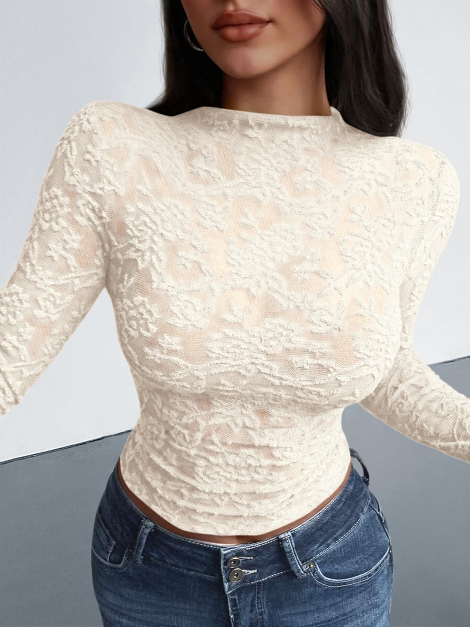 BTFBM Mesh Long Sleeve Tops for Women Lace Sheer Tight See Through Crew Neck Spring Fall Party Club Outfits