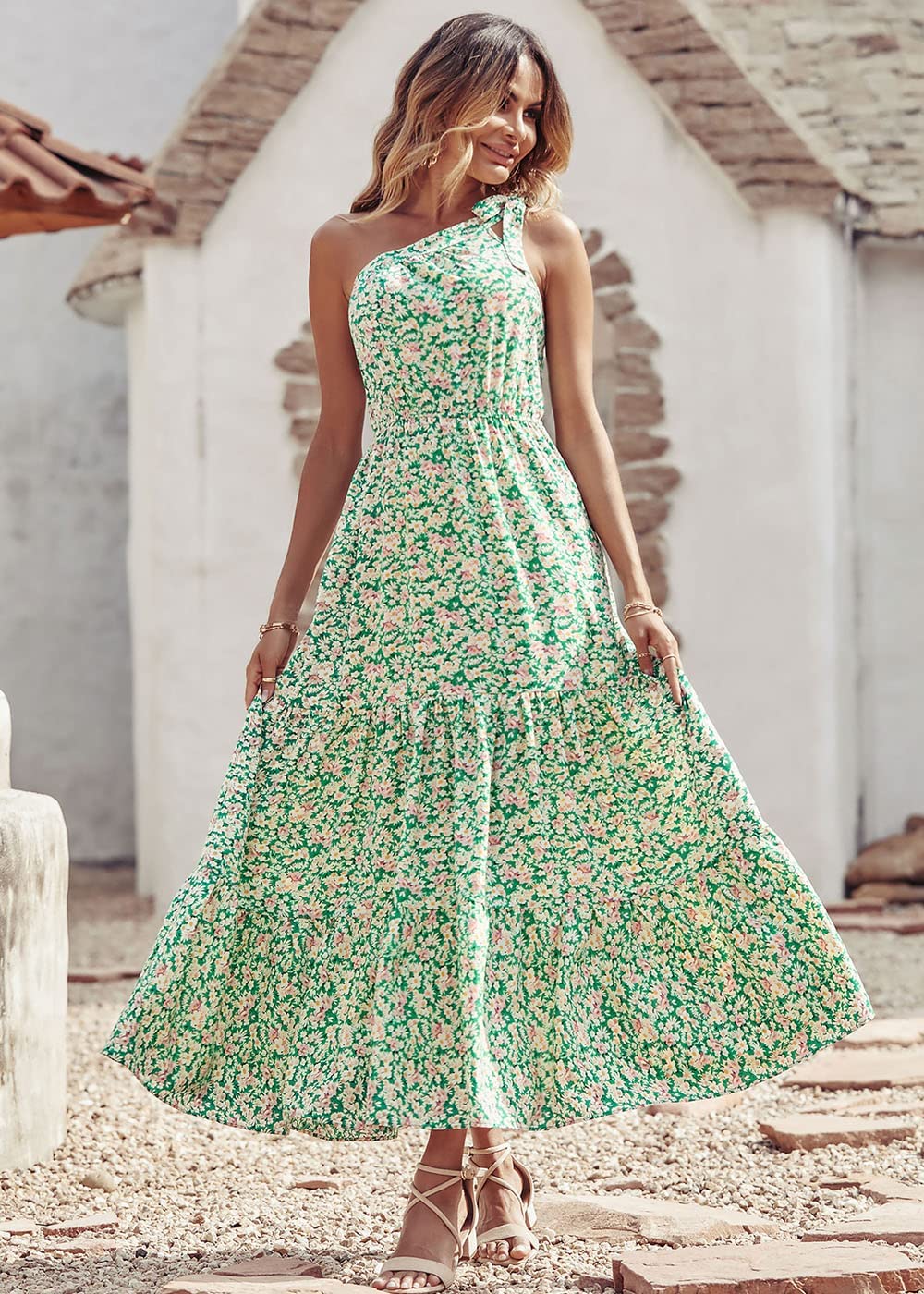 PRETTYGARDEN Women's Summer Floral One Shoulder Maxi Dress Knot Ruffle Boho Beach Vacation Wedding Guest Long Sun Dresses