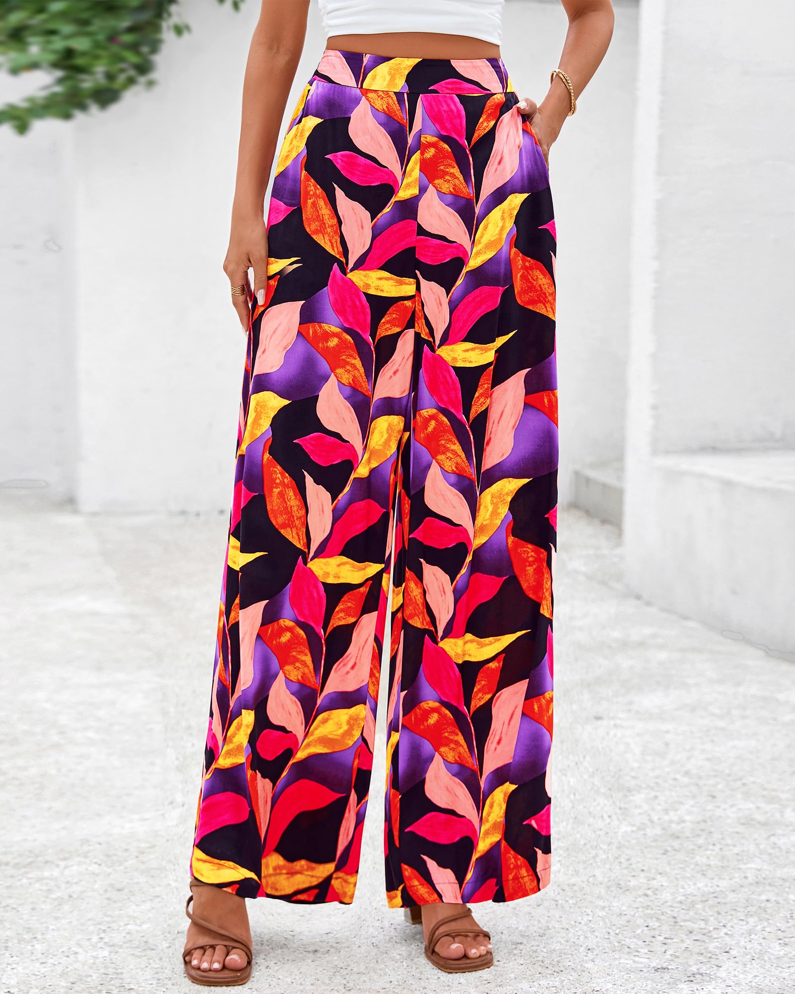 FreshPretty Womens Wide Leg Summer Pants Boho Beach Vacation Loose Elastic Waist Printed Palazzo Pant Pockets