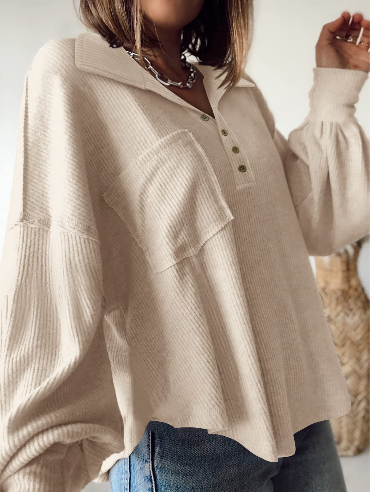 BTFBM Womens Fall Fashion Long Sleeve Shirts Casual V Neck Ribbed Knit Blouses Pullover Trendy Loose Fit Tunic Tops
