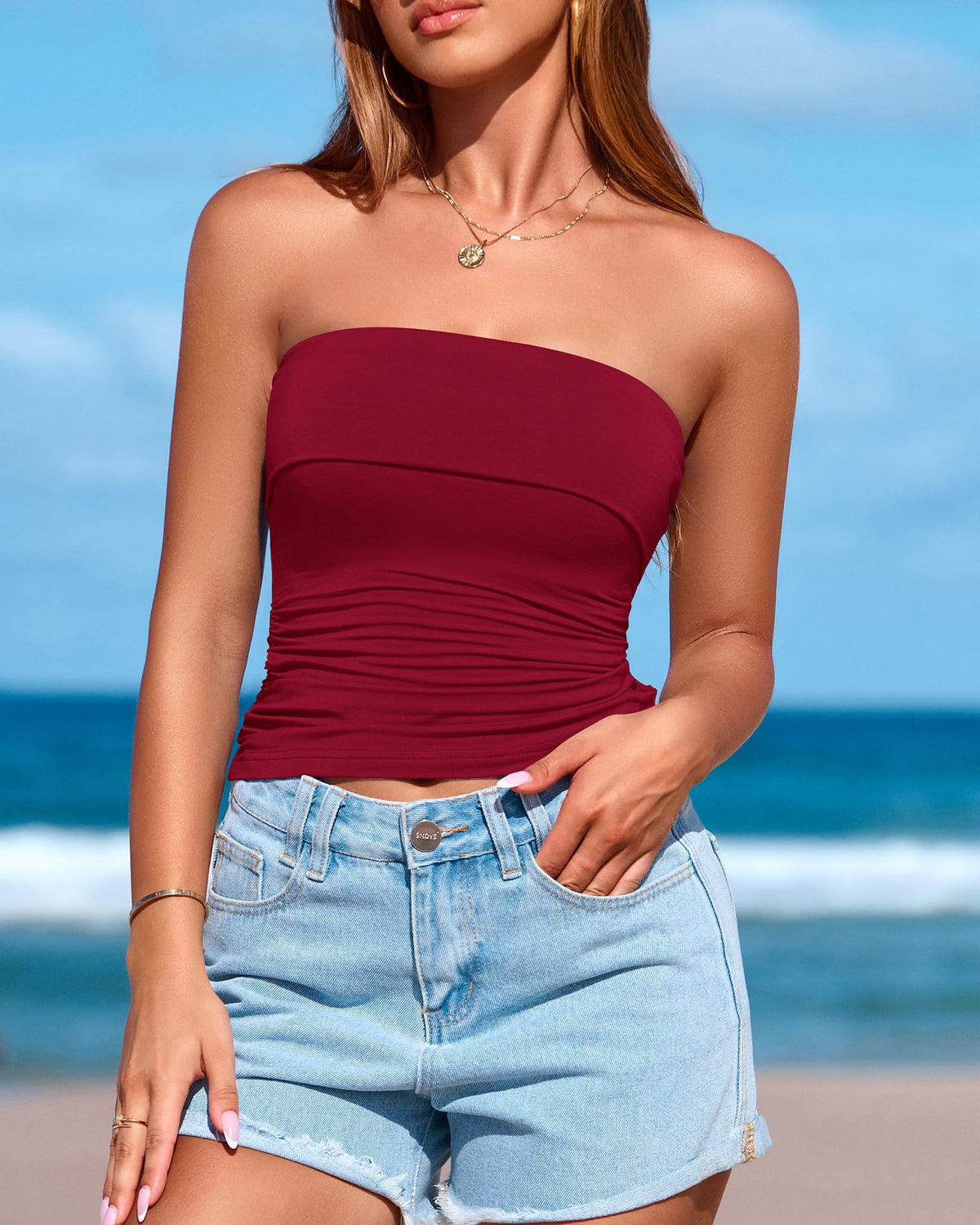 Womens Strapless Tube Tops Spring Summer Clothes Trendy Casual Ruched Stretchy Going Out Bodycon Bandeau Top