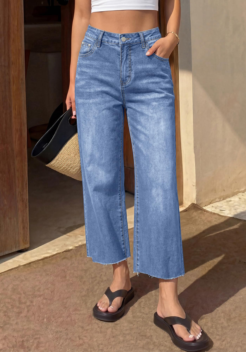 BTFBM Jeans for Women Summer High Waisted Button Straight Leg Stretchy Cropped Raw Hem Trendy Denim Pants Pockets