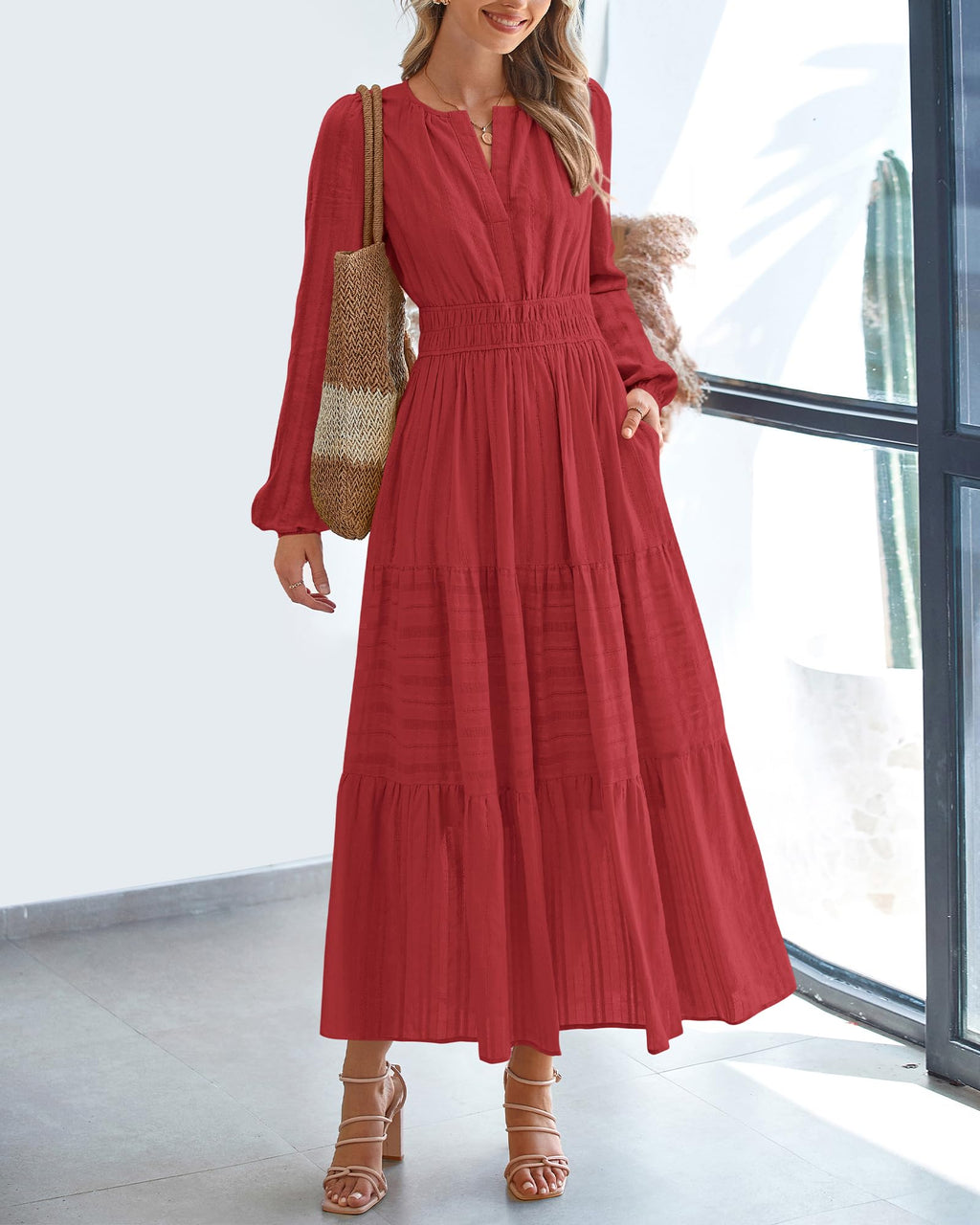 FreshPretty Fall Dresses for Women Casual Long Sleeve V Neck Elastic Waist Lightweight Maxi Wedding Guest Dress Pockets