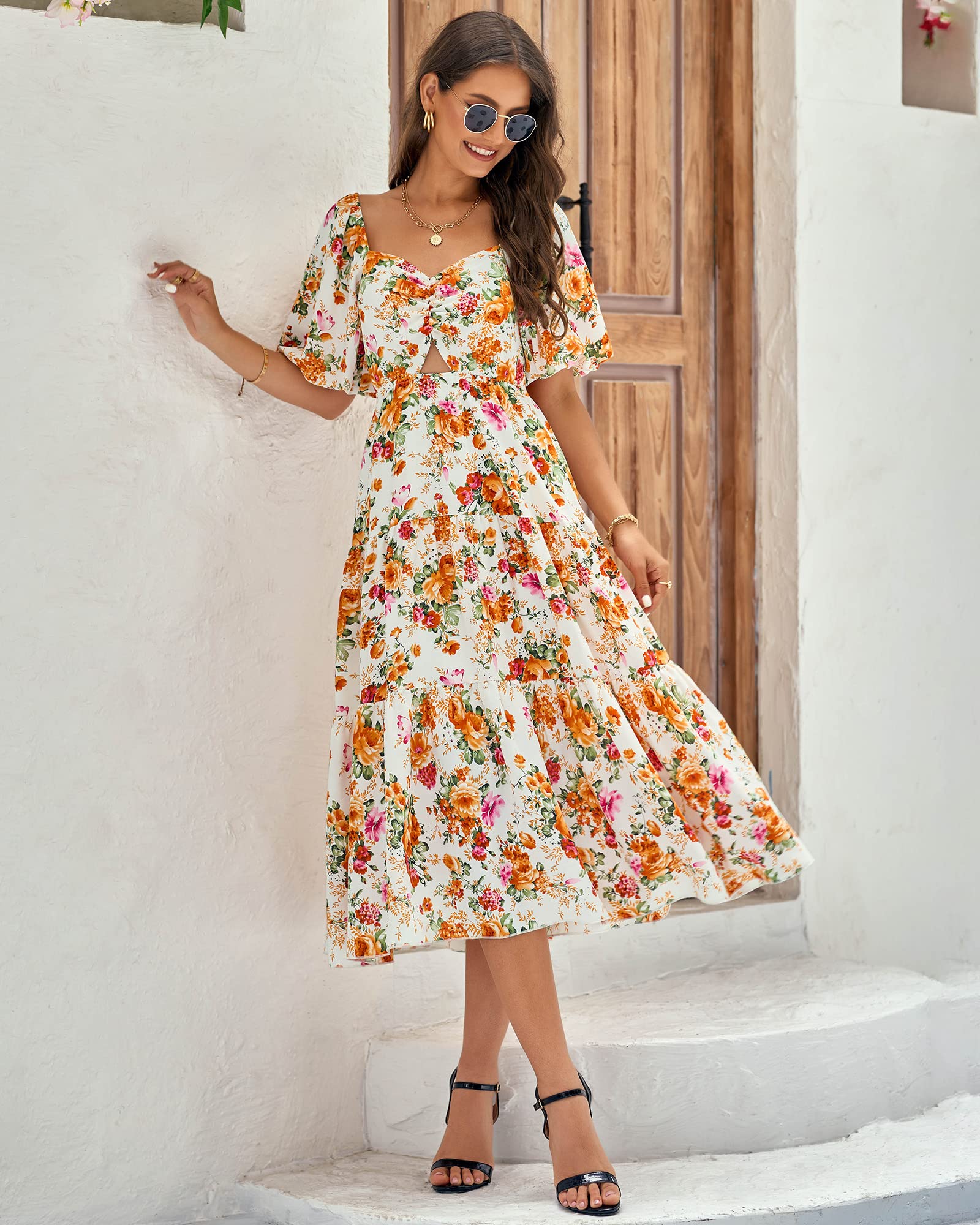FreshPretty Women Summer Dresses Casual Flowy Beach Square Neck Puff Short Sleeve Smocked Back Boho Floral Long Maxi Dress