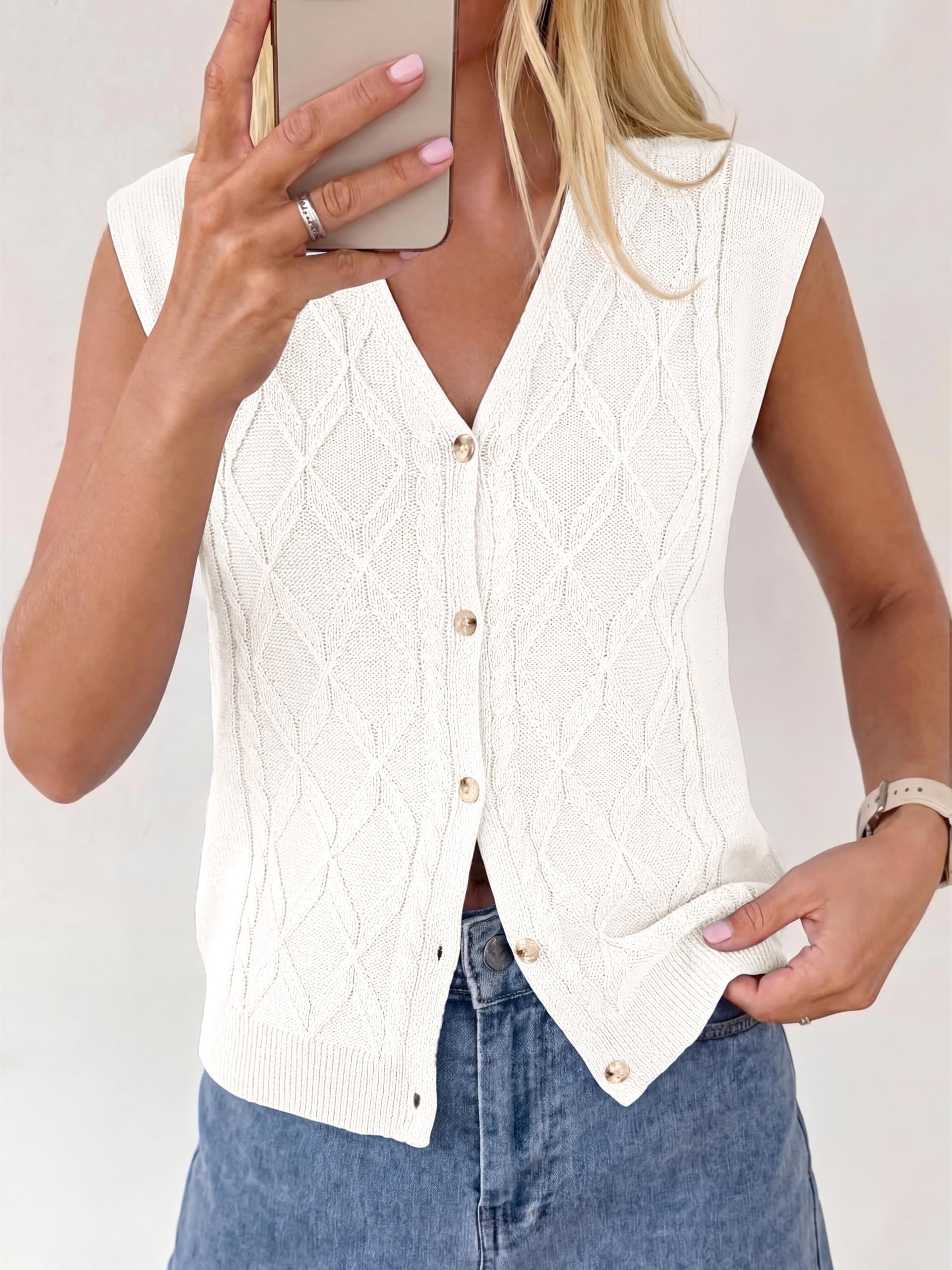 BTFBM Vest Tops for Women Summer V Neck Button Loose Lightweight Cardigan Knit Cap Sleeve Sweater Vests Fashion Clothing