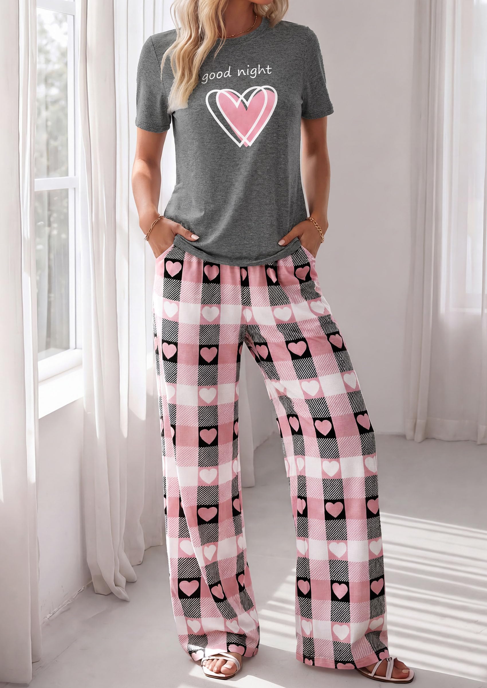 PRETTYGARDEN Womens Pajama Sets 2 Piece Lounge PJ Set Summer Soft Sleepwear Short Sleeve Top Loose Pants Spring Outfits