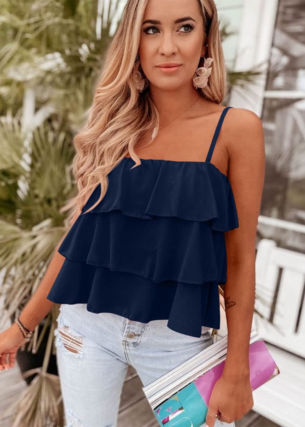 FreshPretty Spaghetti Strap Ruffle Babydoll Peplum Tank Tops for Women Summer Cute Flowy Beach Vacation Cruise Outfits