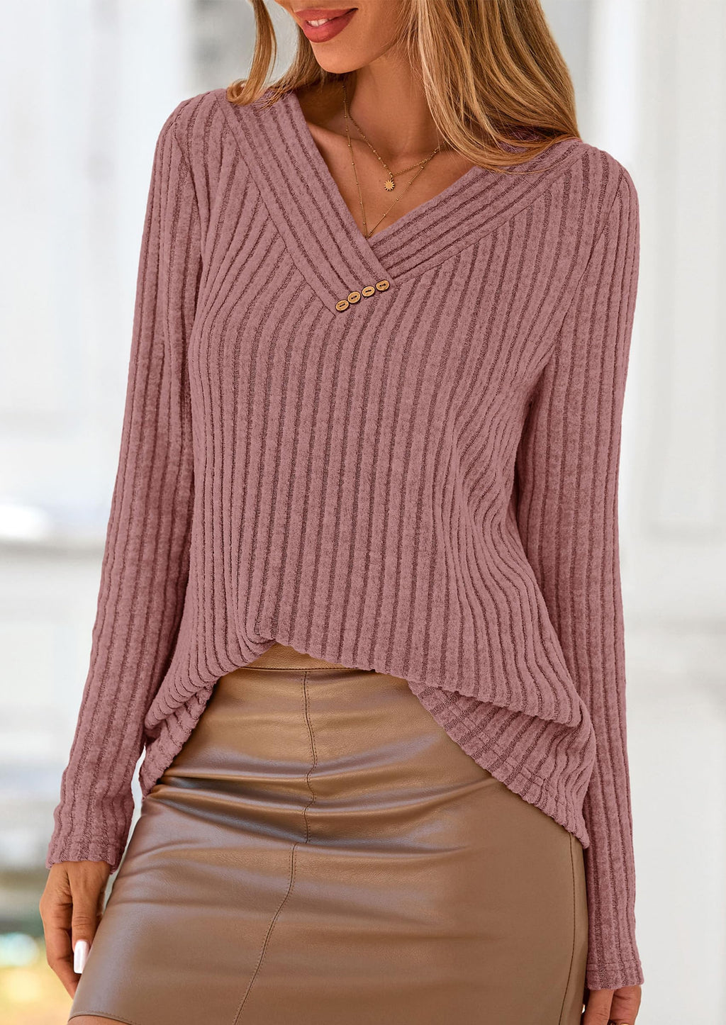 PRETTYGARDEN Women's Long Sleeve Shirts Fall Fashion Clothes Casual Ribbed V Neck Loose Tunic Tops Lightweight Sweaters