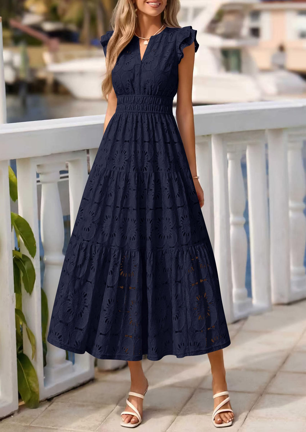 PRETTYGARDEN Womens Boho Maxi Dresses Summer Floral Lace Eyelet V Neck Spring Wedding Guest Dress Beach Vacation Clothes