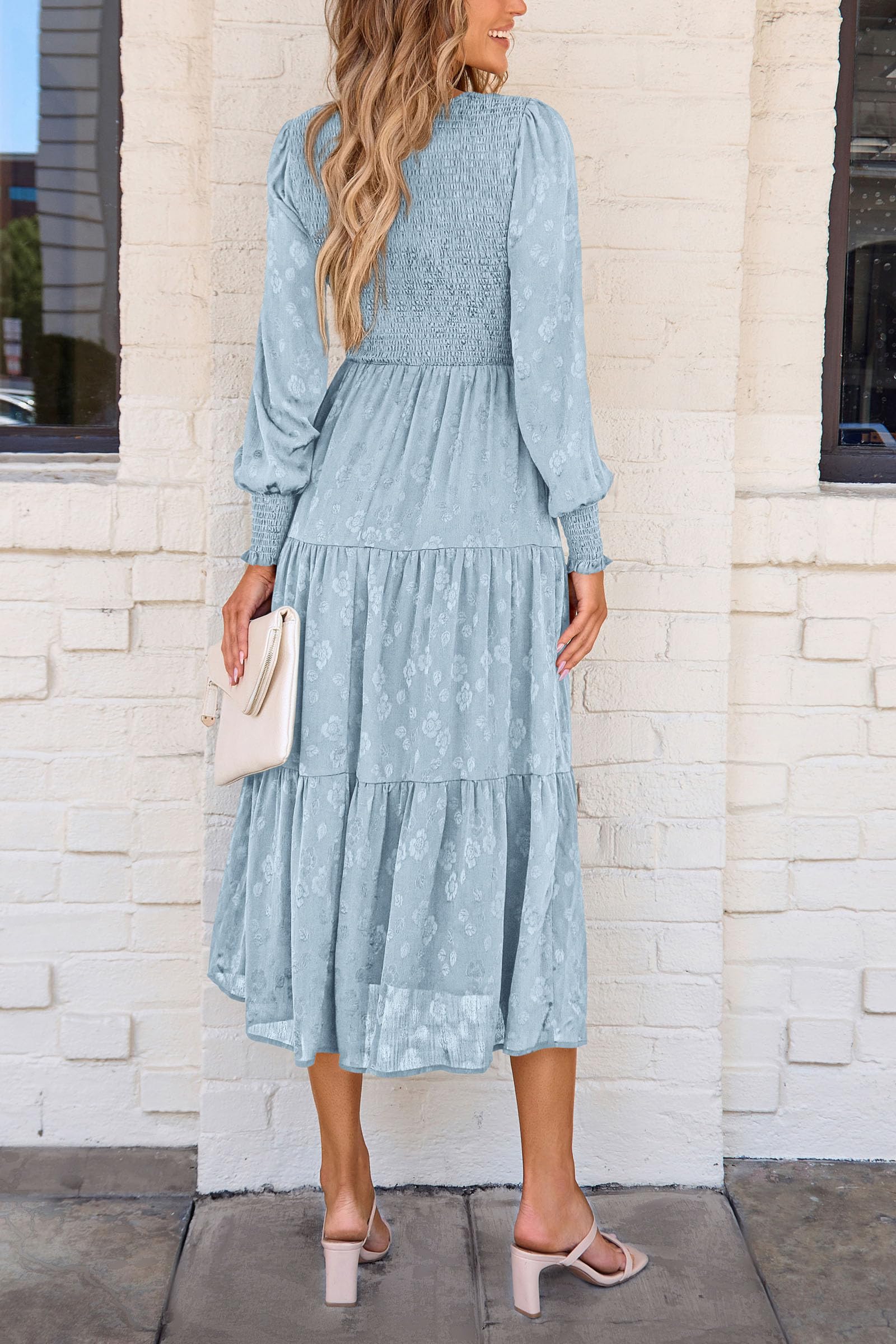 PRETTYGARDEN Women's Fall Spring Midi Dress Long Sleeve Floral Smocked Elegant Wedding Guest Long Flowy Dresses with Pockets