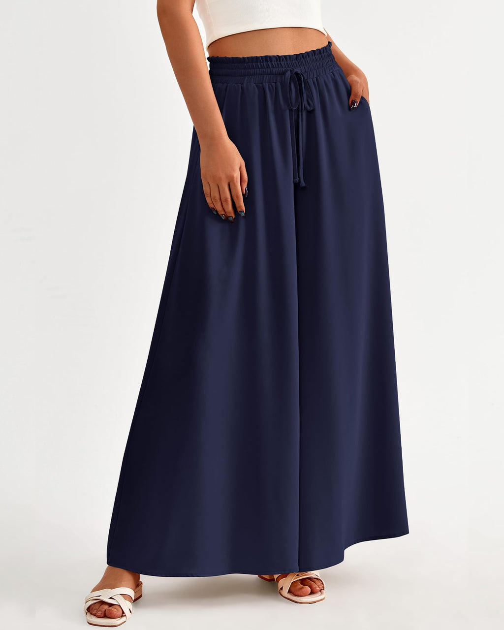 BTFBM Women Casual High Waist Wide Leg Pants Spring Summer Long Palazzo Pants Pocket Lounge Beach Vacation Clothes