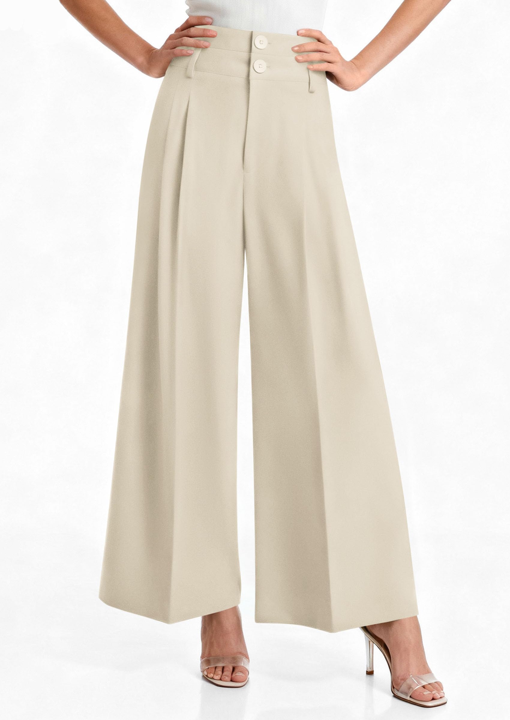 PRETTYGARDEN Womens Spring Wide Leg Palazzo Pants Trendy Loose Button High Waist Pleated Work Business Casual Trousers
