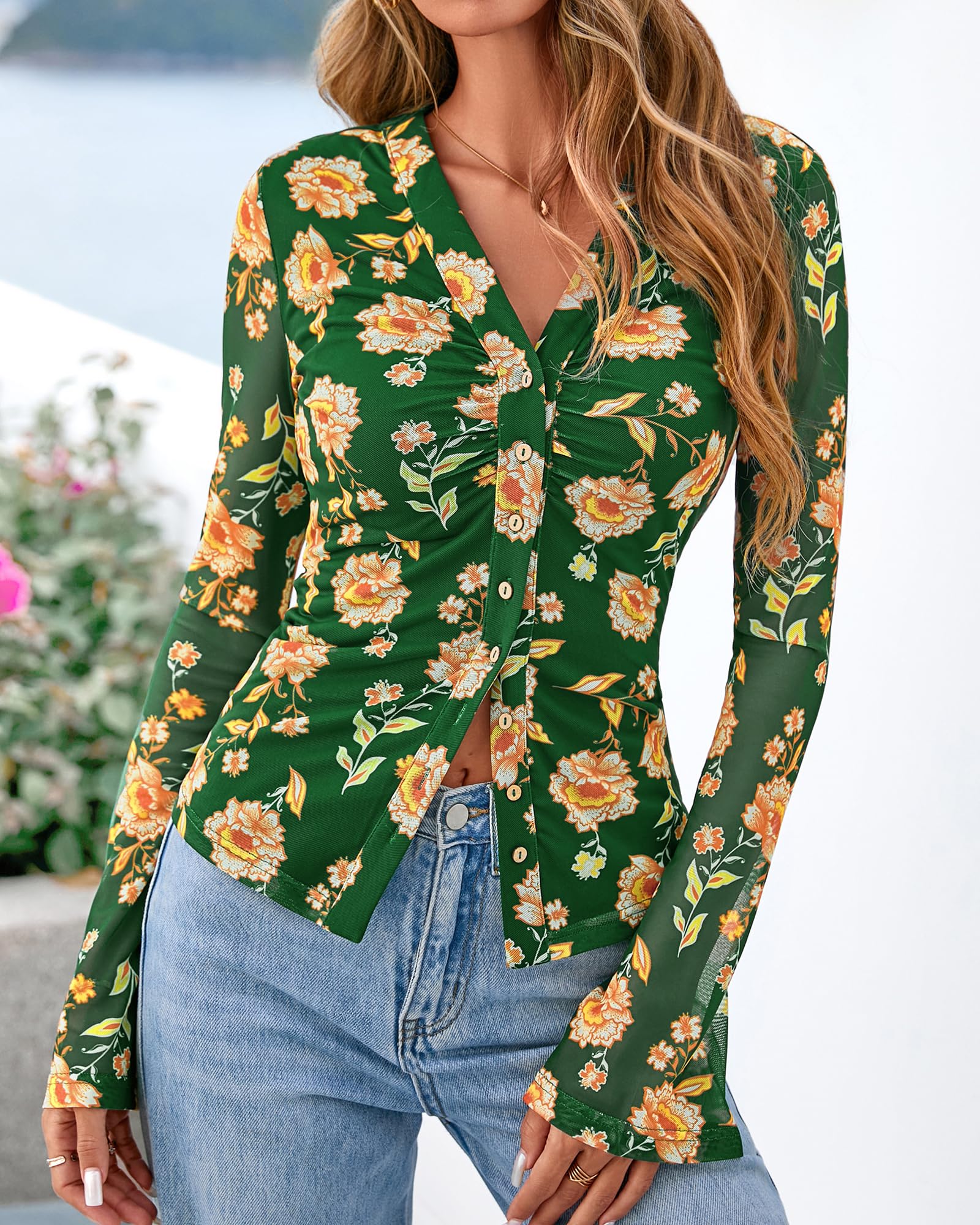 BTFBM Button Down Shirts for Women Spring Boho Tops V Neck Long Sleeve Blouses Ruched Mesh Fitted Fall Fashion