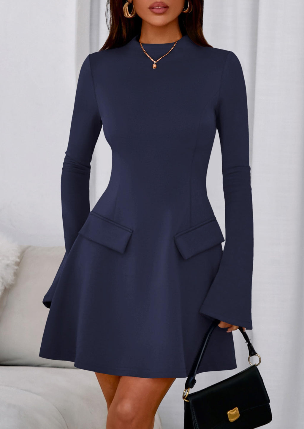PRETTYGARDEN Women's Elegant Holiday Short Dress  Fall Bell Long Sleeve Mock Neck Work Business Casual Party Mini Dress