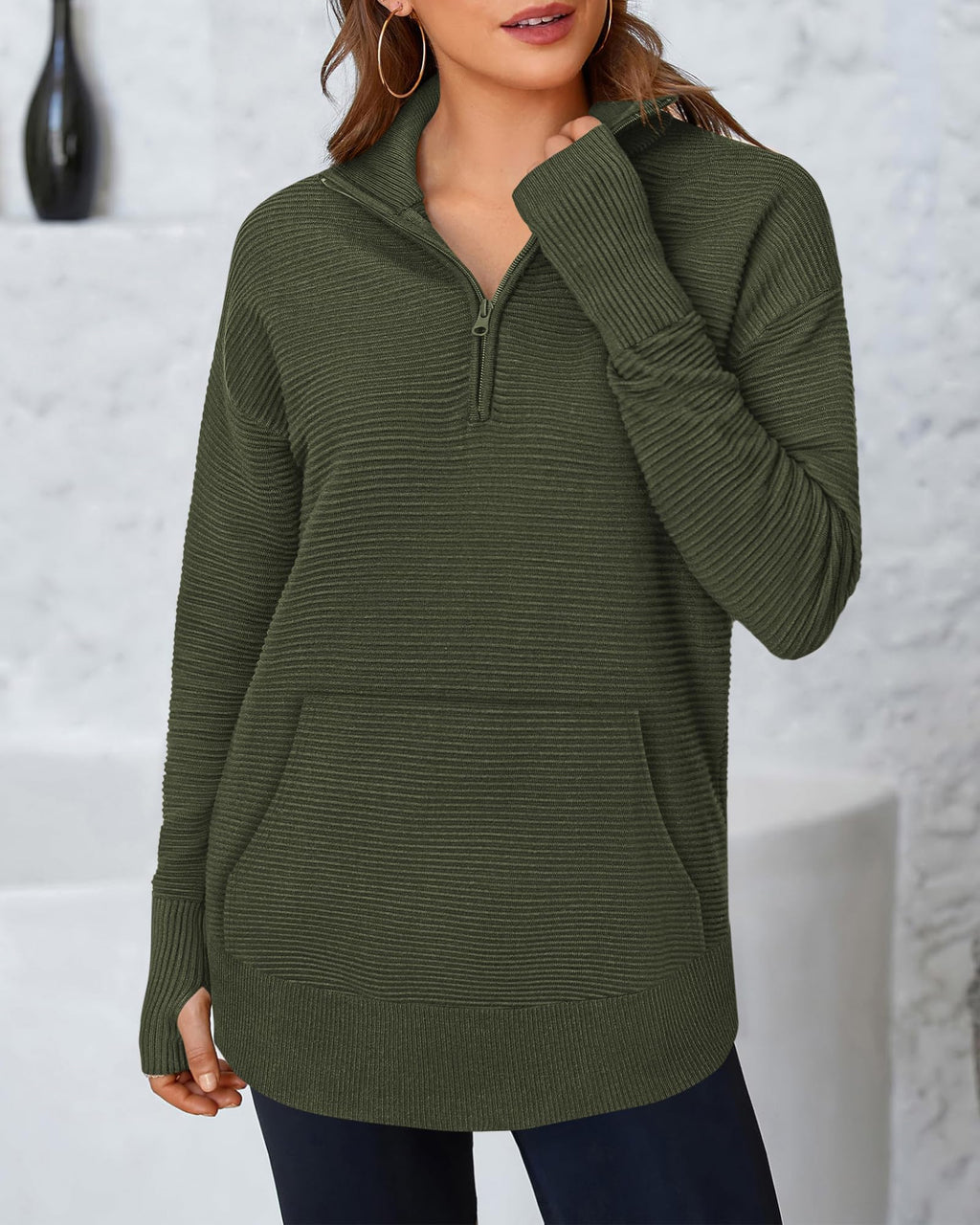 BTFBM Sweaters for Women Fall Clothes Pocket Quarter Zip Pullover V Neck Long Sleeve Knit Trendy Winter Sweater