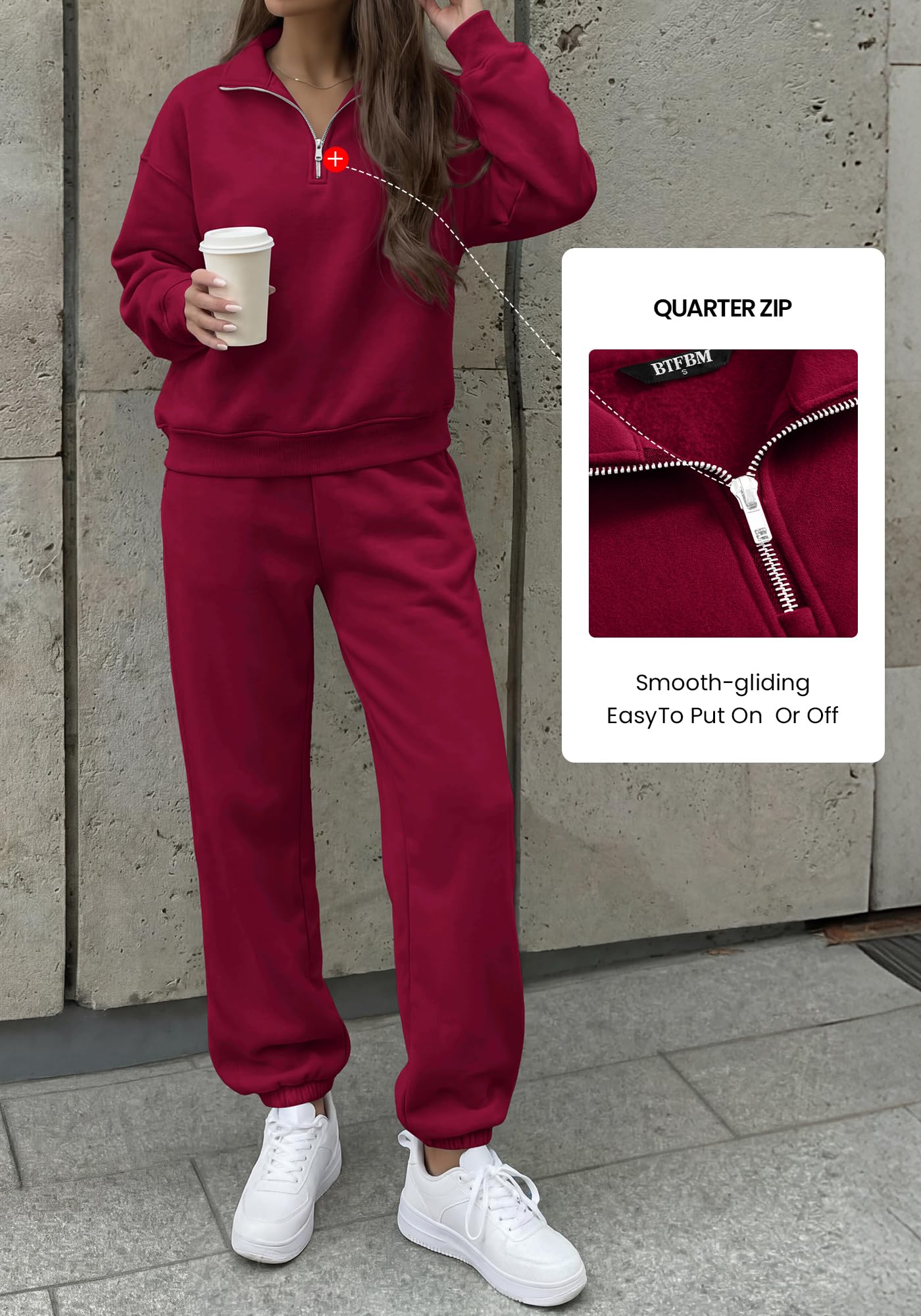 BTFBM Womens 2 Piece Outfits Sweatsuit Fleece Lounge Sets Quarter Zip Pullover Sweatshirt,Baggy Jogger Sweatpants,Fall Fashion Clothing,Airport Travel Matching Sweat Set