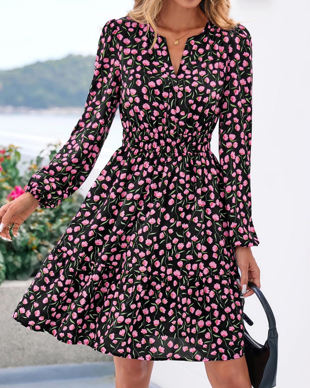 BTFBM Spring Dresses for Women Mini Long Sleeve Elastic Waist Summer Vacation Outfits Floral Wedding Guest Dress