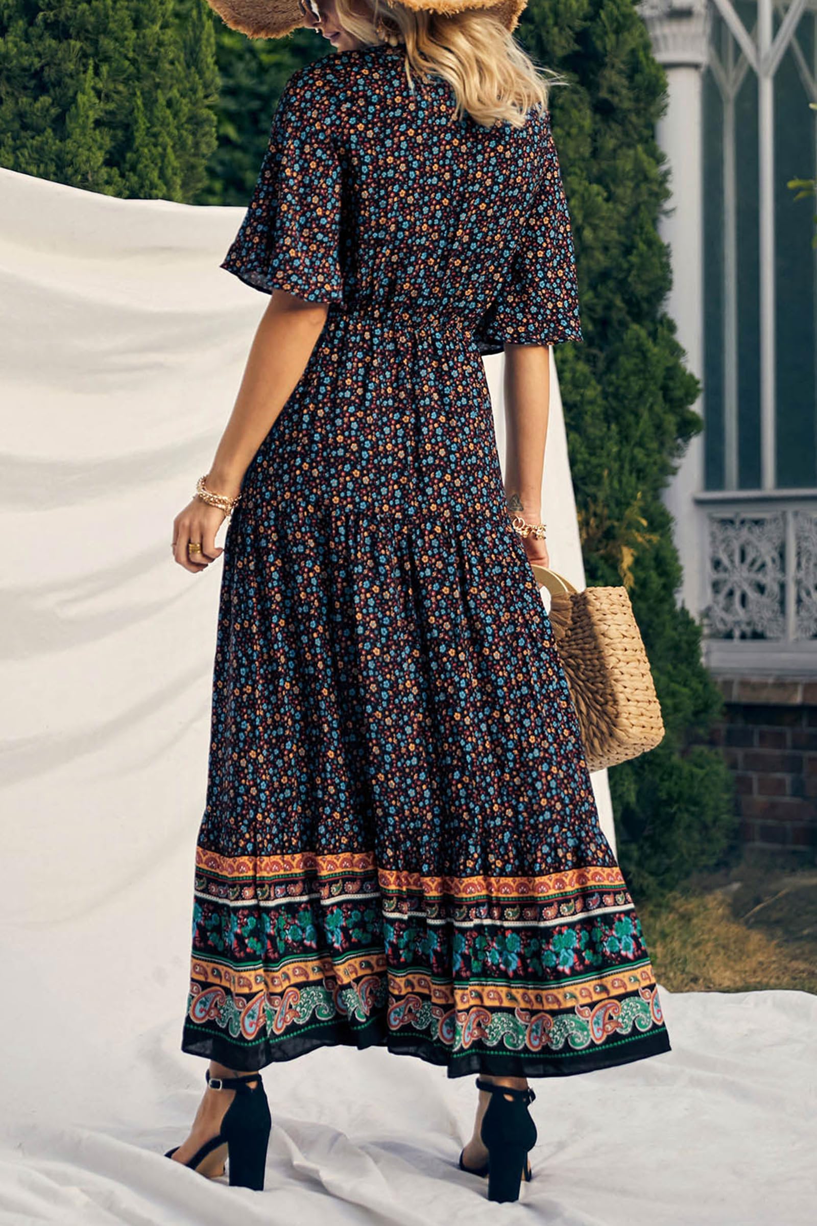 PRETTYGARDEN Women's Casual Summer Boho Floral Print Dress V Neck Short Sleeve High Waist Long Maxi Beach Dresses