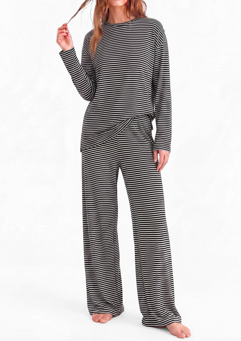 PRETTYGARDEN Womens Striped Lounge Set Fall Winter 2 Piece Sets Side Slit Long Sleeve T-Shirts & Wide Leg Pants, Matching Pajama Sets, Comfy Pj Set, Loungewear with Pockets, Fashion Clothes