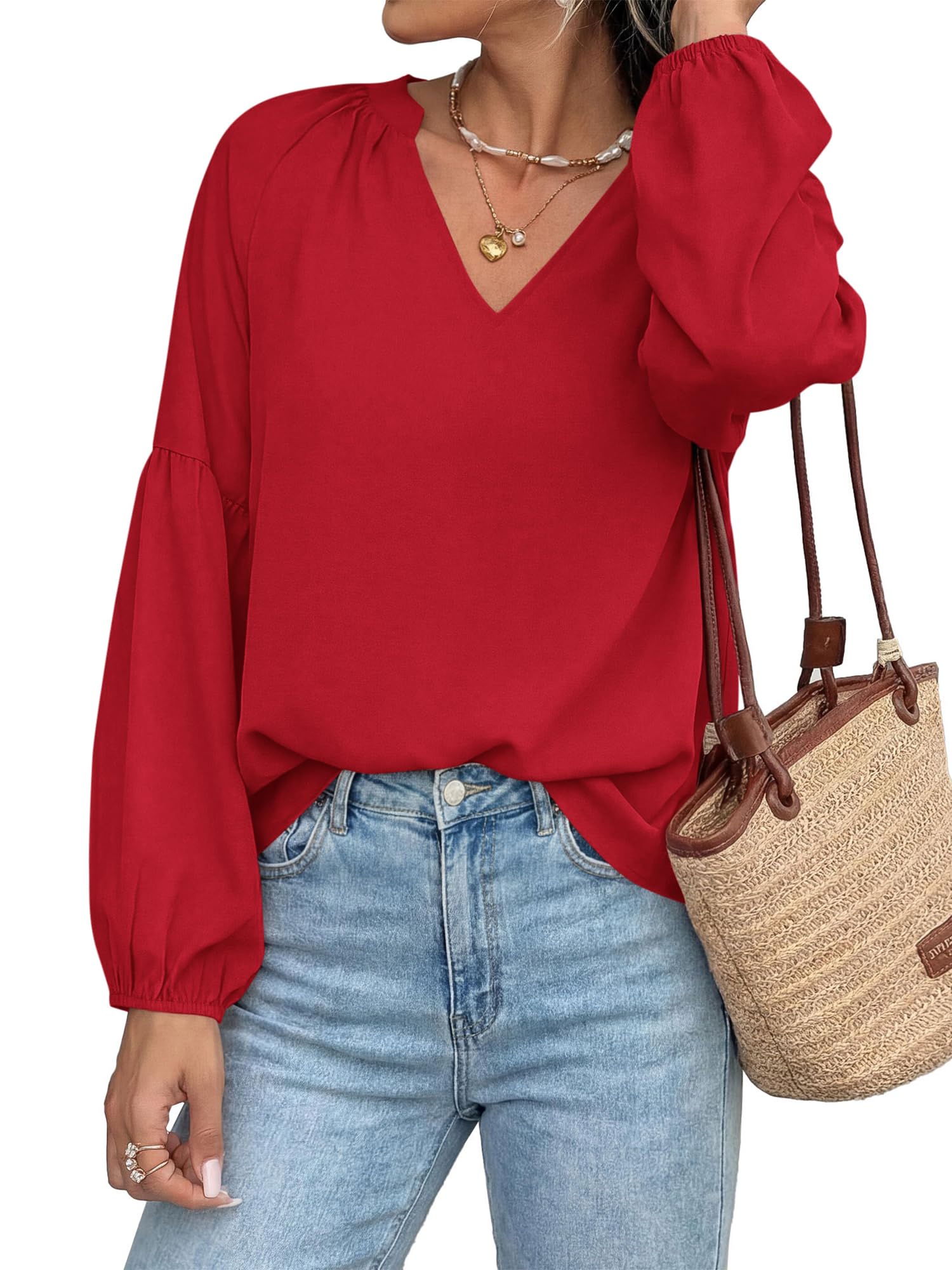 BTFBM Blouses for Women Dressy Casual Boho Tops V Neck Lightweight Long Sleeve Shirts Spring Clothes