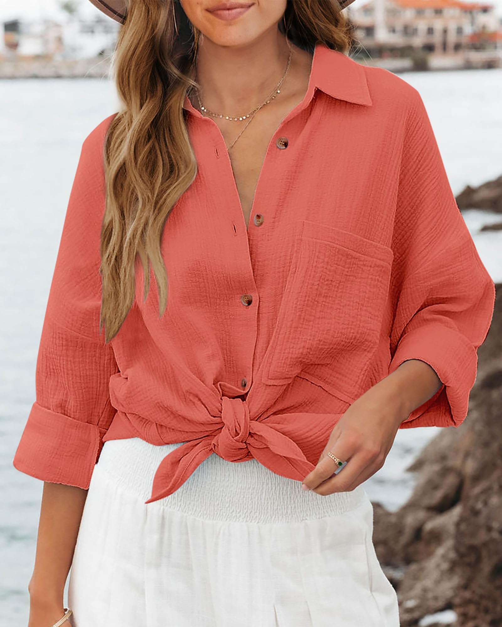 FreshPretty Casual Shirts for Women Long Sleeve Button Down Blouses Fall Solid Color Trendy Tops with Pocket