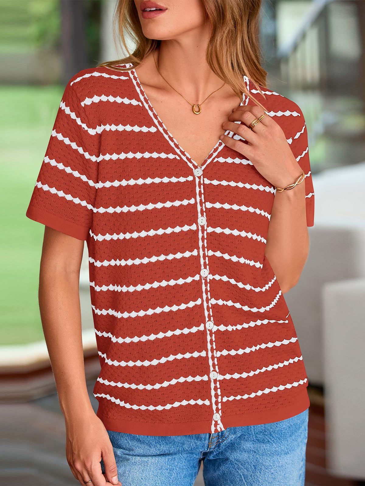 FreshPretty Women's Short Sleeve Sweater Spring Summer Crochet Knit Tops V Neck Striped Button Down Dressy Casual Blouses