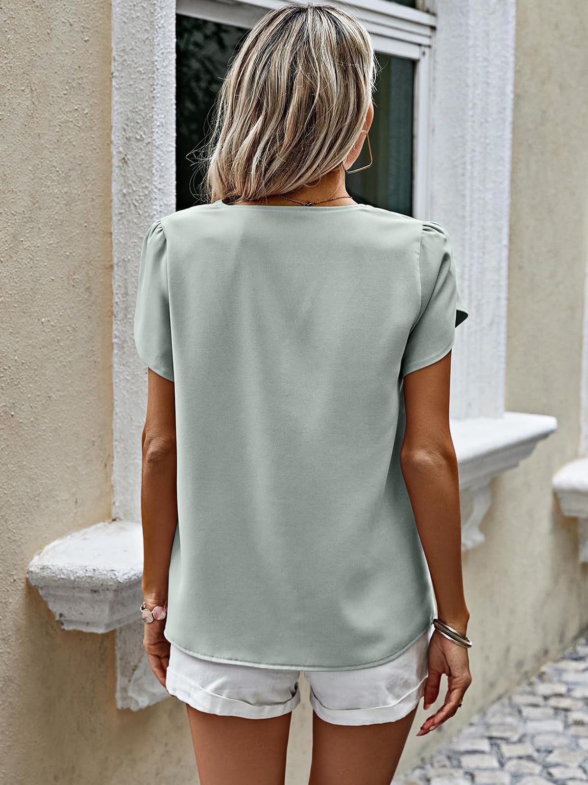 PRETTYGARDEN Short Sleeve Tops for Women Summer Spring Western Chiffon Blouses Dressy Casual Work Pearl Shirts