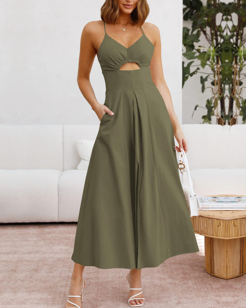 BTFBM Women Spaghetti Strap Midi Summer Dresses Sleeveless V Neck Cutout Slit Casual Beach Party Maxi Dress Pockets