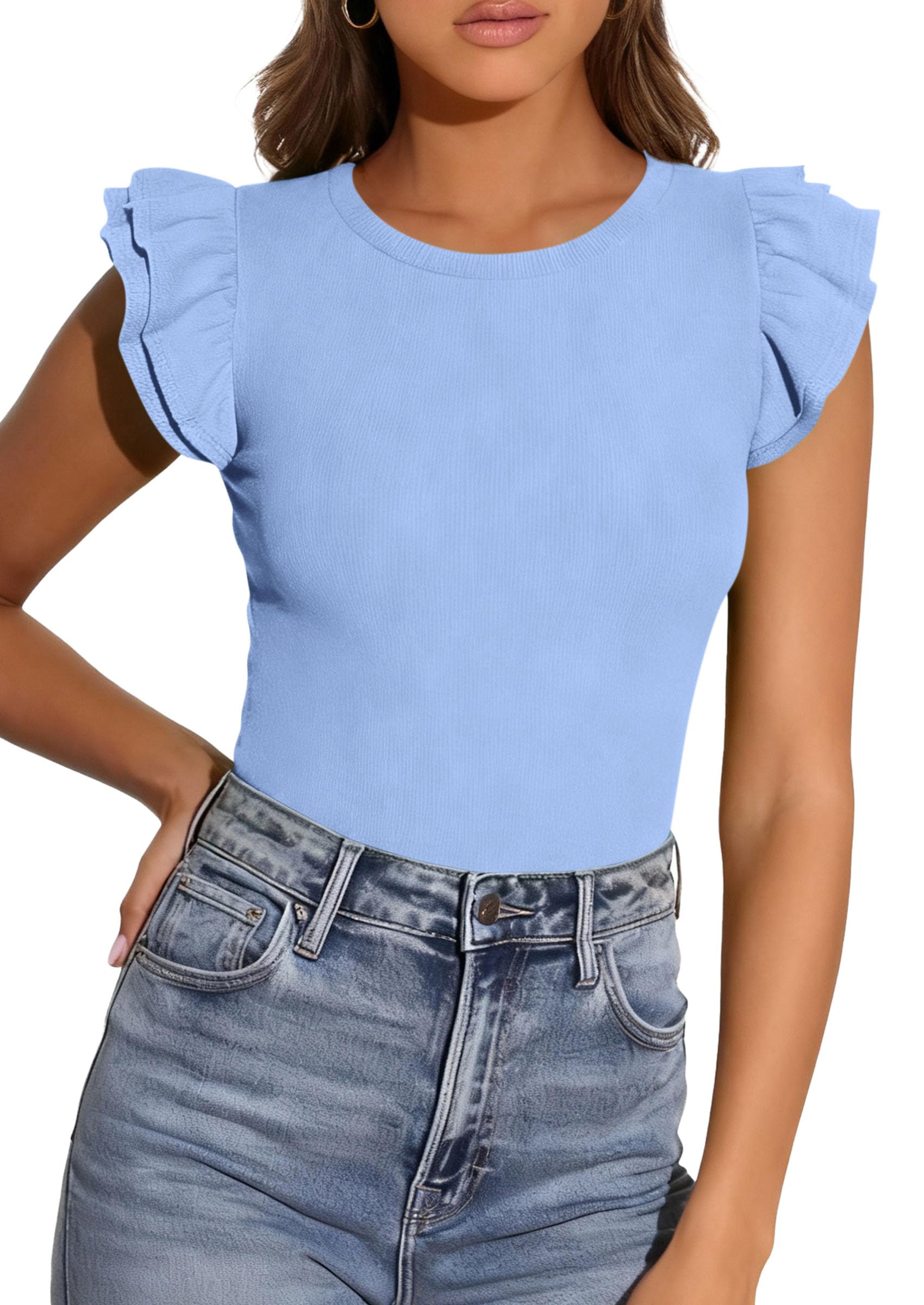 PRETTYGARDEN Womens Summer Crew Neck T Shirts Trendy Ruffle Sleeve Slim Fit Knit Going Out Tops Casual Spring Clothes