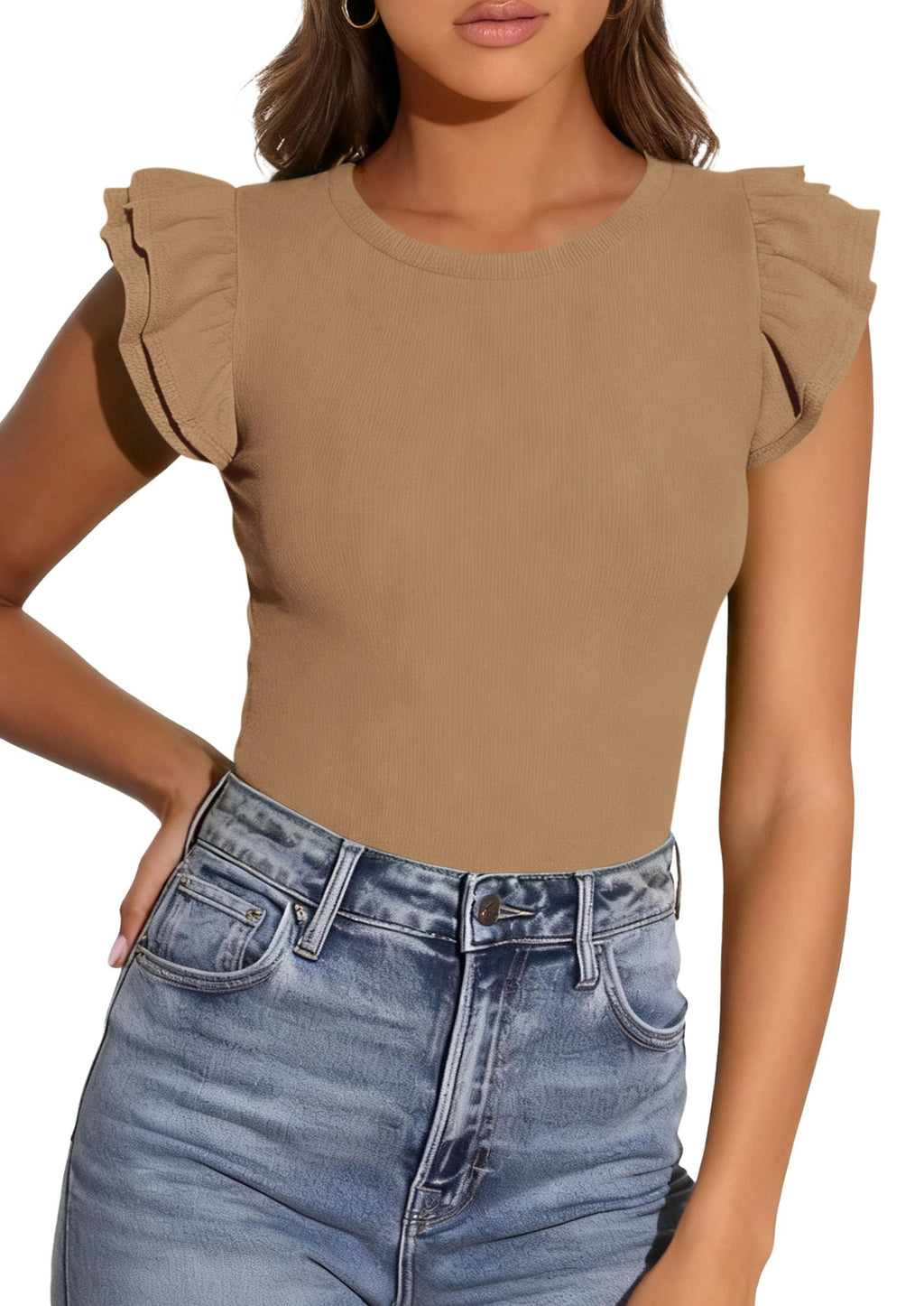 PRETTYGARDEN Womens Summer Crew Neck T Shirts Trendy Ruffle Sleeve Slim Fit Knit Going Out Tops Casual Spring Clothes