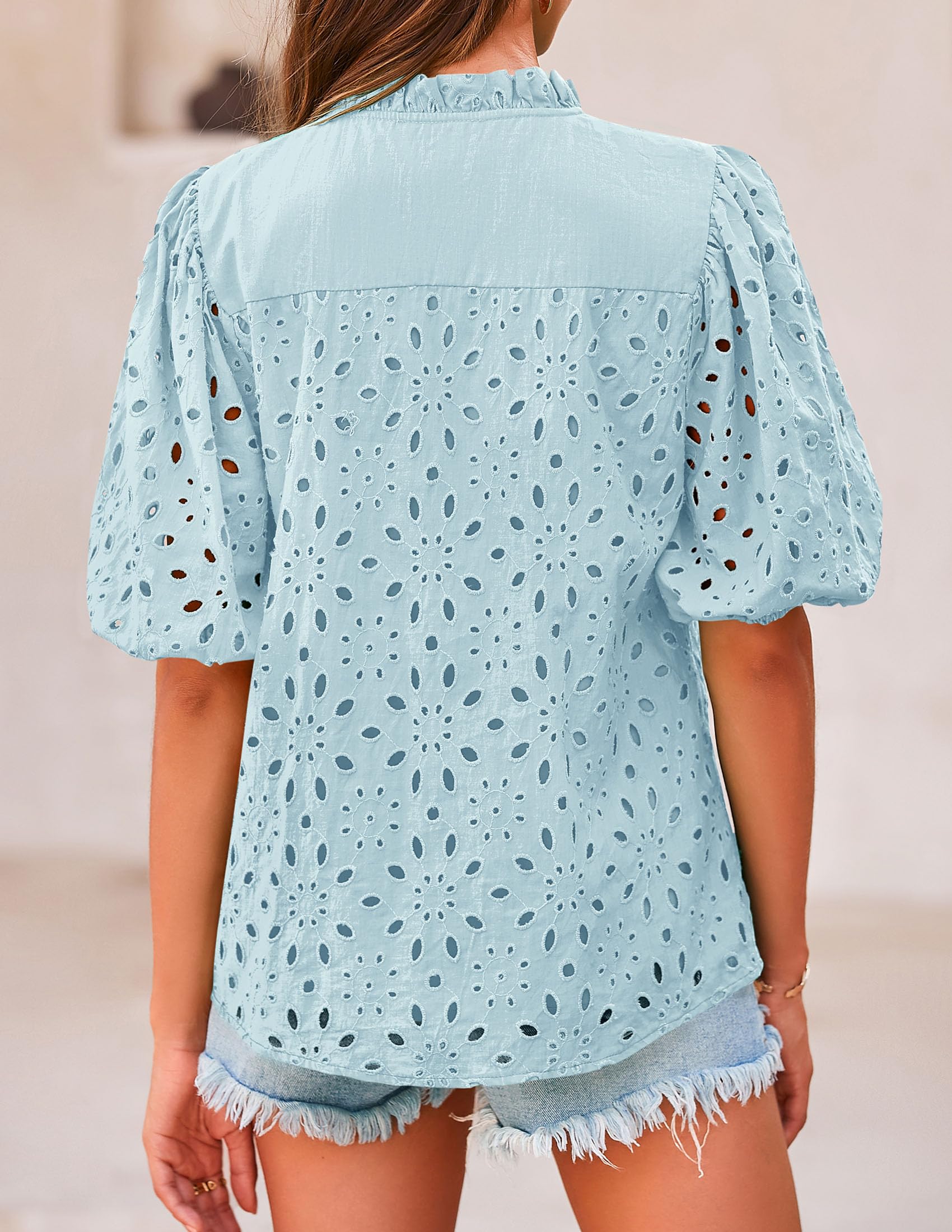 PRETTYGARDEN Women's Summer Tops Dressy Casual Short Sleeve V Neck Buttons Hollow Out Lace Embroidered Blouses Shirts