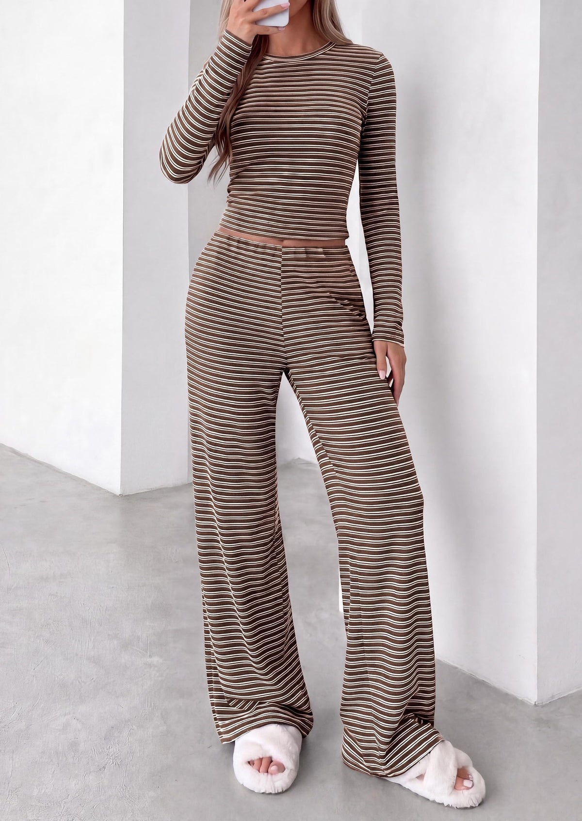 PRETTYGARDEN Women 2 Piece Striped Lounge Sets Soft Cozy Knit, Matching Airport Travel Outfits, Long Sleeve Shirts, Wide Leg Pants Pockets, Fall Winter Comfy Casual Clothes