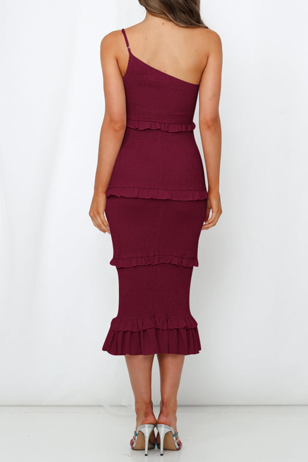 PRETTYGARDEN Women's Summer Midi Bodycon Dresses One Shoulder Strappy Tiered Ruffle Floral Boho Sun Dress