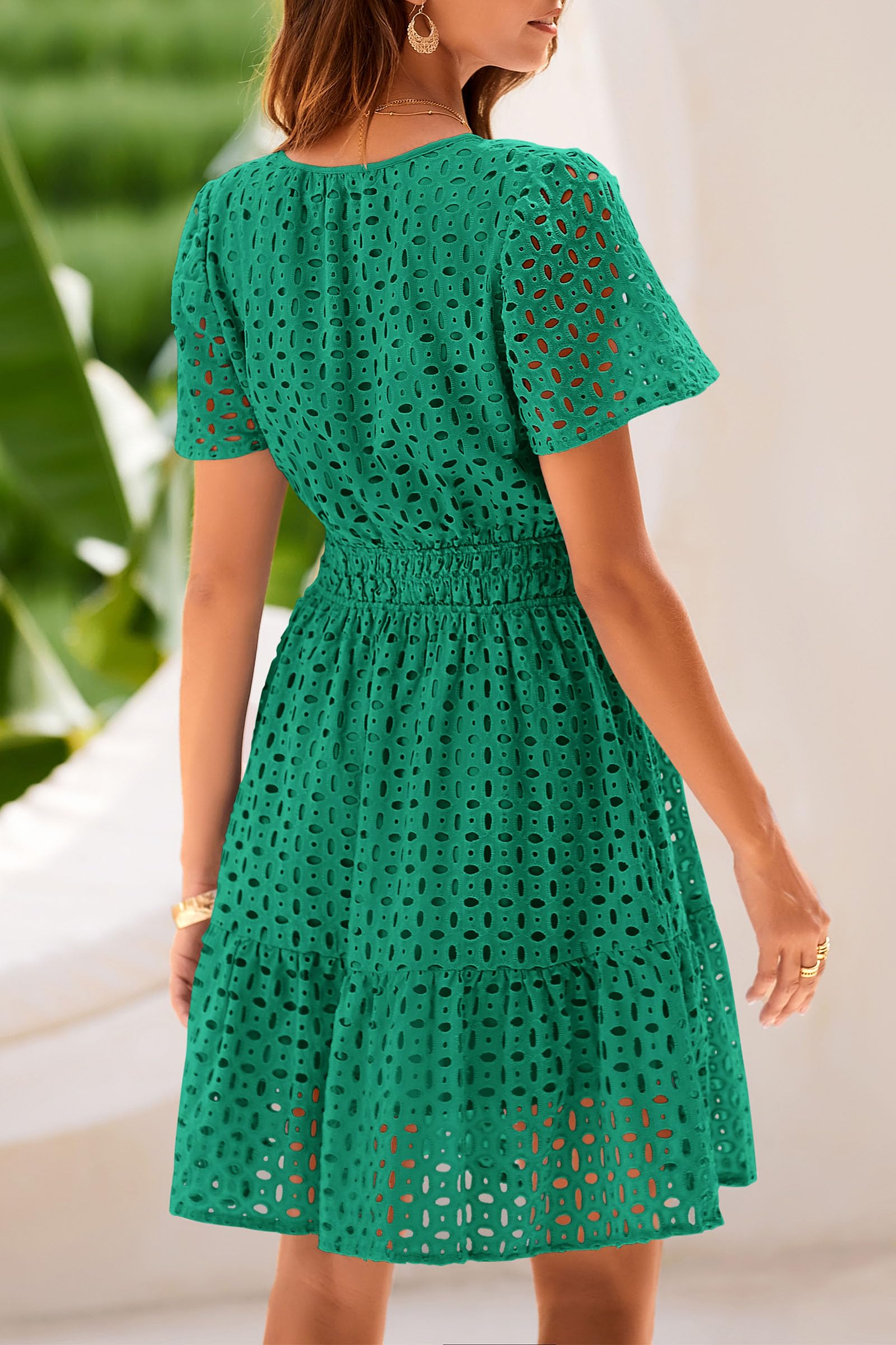 PRETTYGARDEN Womens Summer Short Dress V Neck Short Sleeve A Line Hollow Out Lace Ruffle Cute Casual Beach Party Dresses