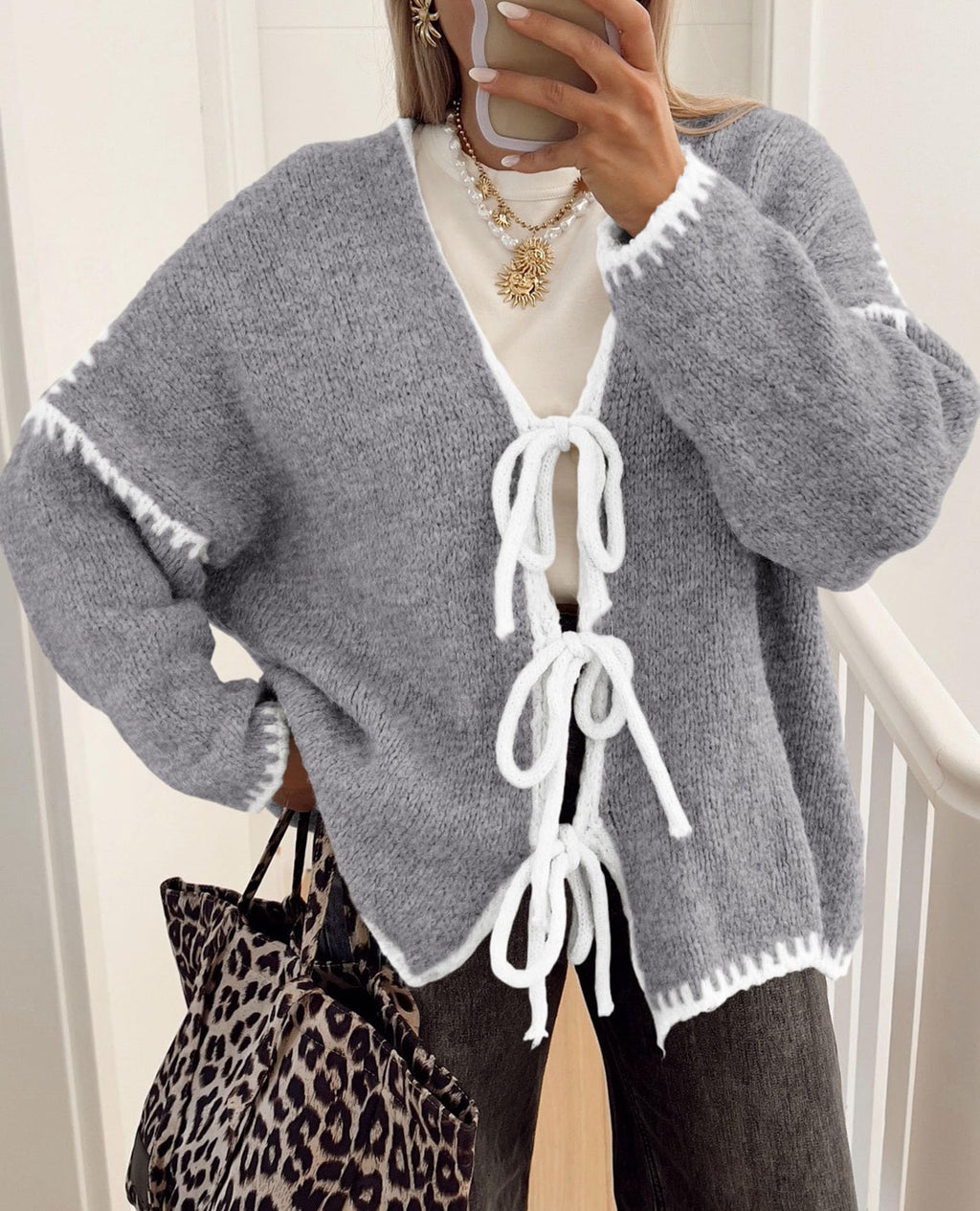 PRETTYGARDEN Women's Tie Front Bow Cardigan Sweaters Chunky Knit Long Puff Sleeve Trendy Fall Winter Jacket Coat