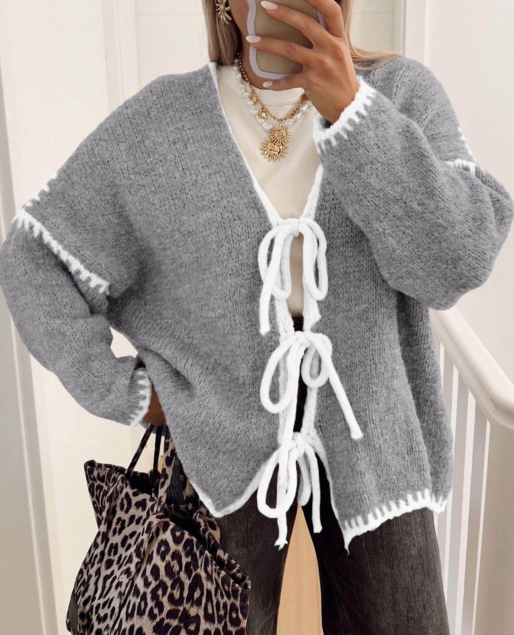 PRETTYGARDEN Women's Tie Front Bow Cardigan Sweaters Chunky Knit Long Puff Sleeve Trendy Fall Winter Jacket Coat